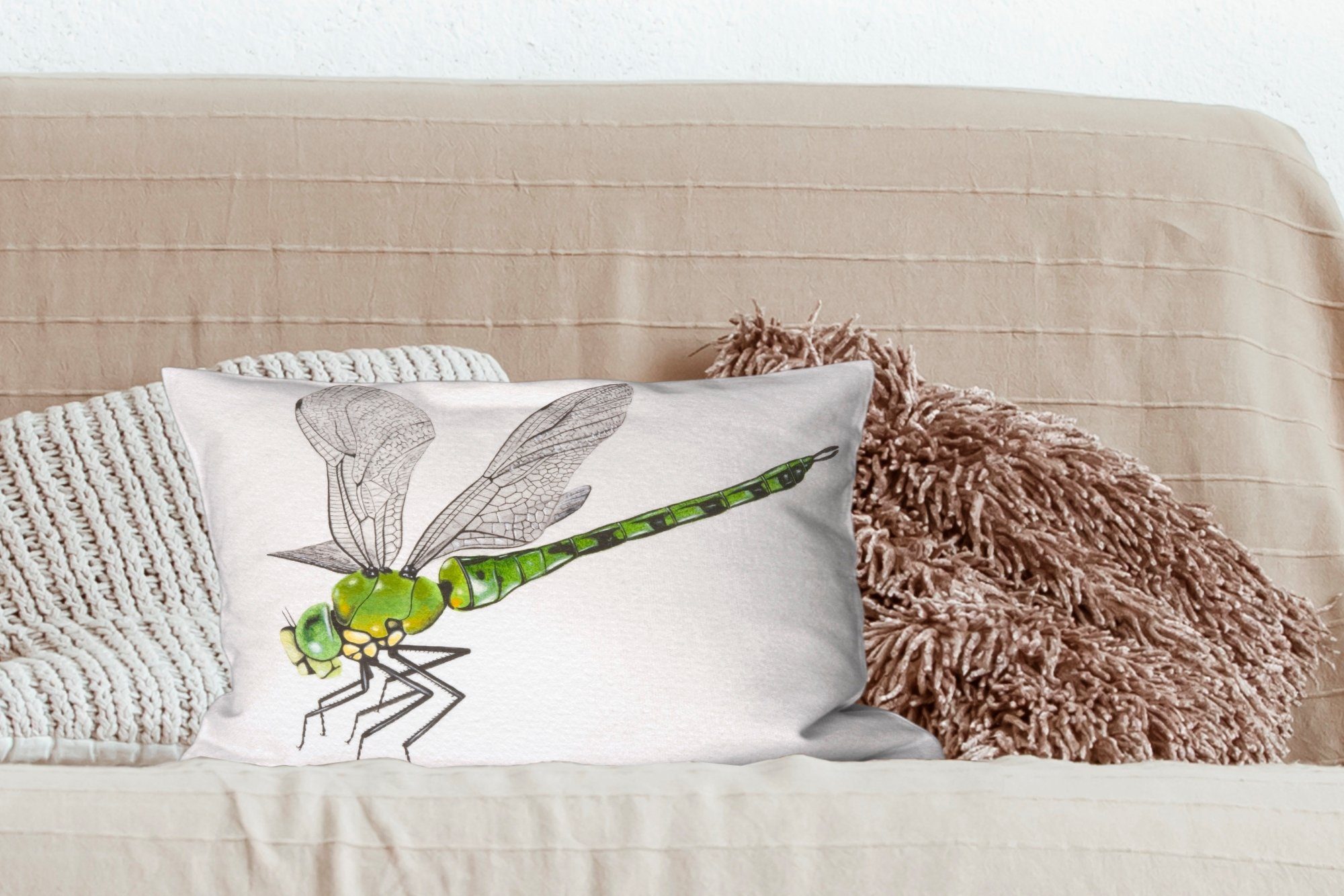 einem Eine mit auf grünen MuchoWow Zierkissen, Dekokissen Füllung, Schlafzimmer weißen Dekoration, Dekokissen Hintergrund, Wohzimmer Illustration einer Libelle