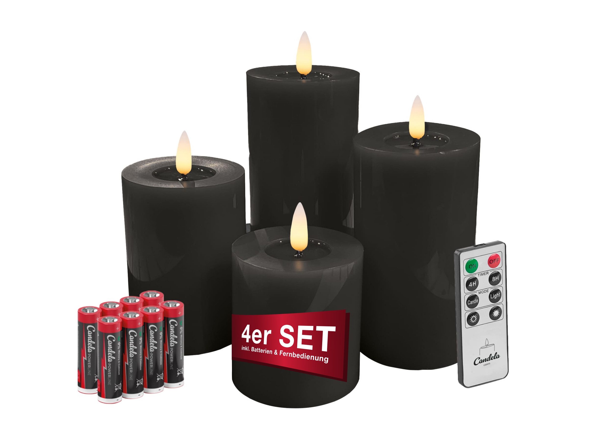 LC Home LED-Kerze Candela Lights LED Kerzen Echtwachs 4erSet mit Fernbedienung Batterien (Komplett-Set), LED Kerzen mit Timerfunktion Fernbedienung Dimmbar