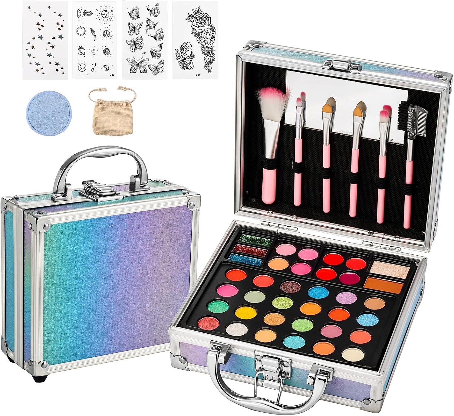 Anpro Kosmetik-Koffer Make-up Koffer 52-teilig Kosmetikset mit Schminkpalette und Pinsel, 52-teiliges Make-up-Set mit Aluminiumkoffer, Spiegel Schminkpinseln, 52-teiliges Set, Aluminiumkoffer, Spiegel, Schminkpinsel, Farbvielfalt