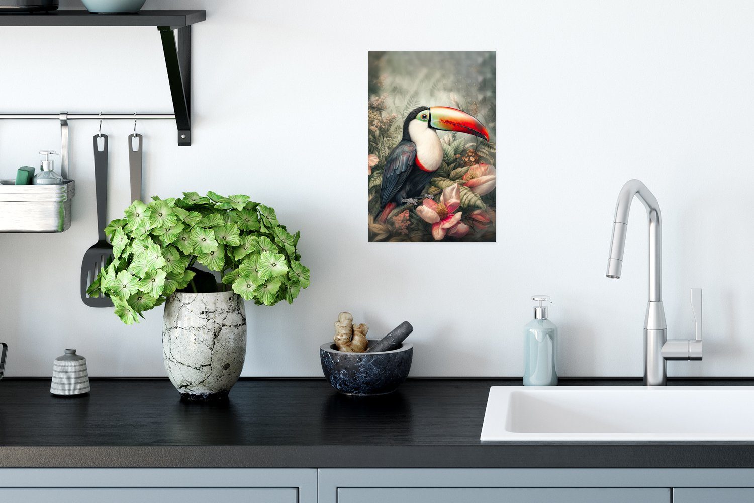 Tukan Rahmen - (1 Tropisch, - - für Wandbild, St), - Ohne Wohnzimmer, Poster, MuchoWow Blumen Vögel Wandposter Pflanzen Poster
