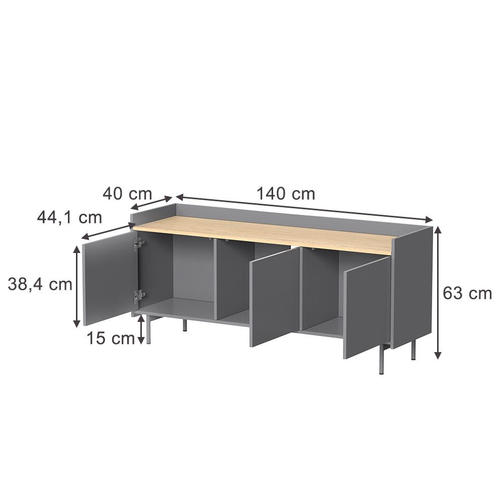 Vicco Lowboard Velina, Grau/Eiche, 140 x 63 cm mit 3 Türen (1 St)