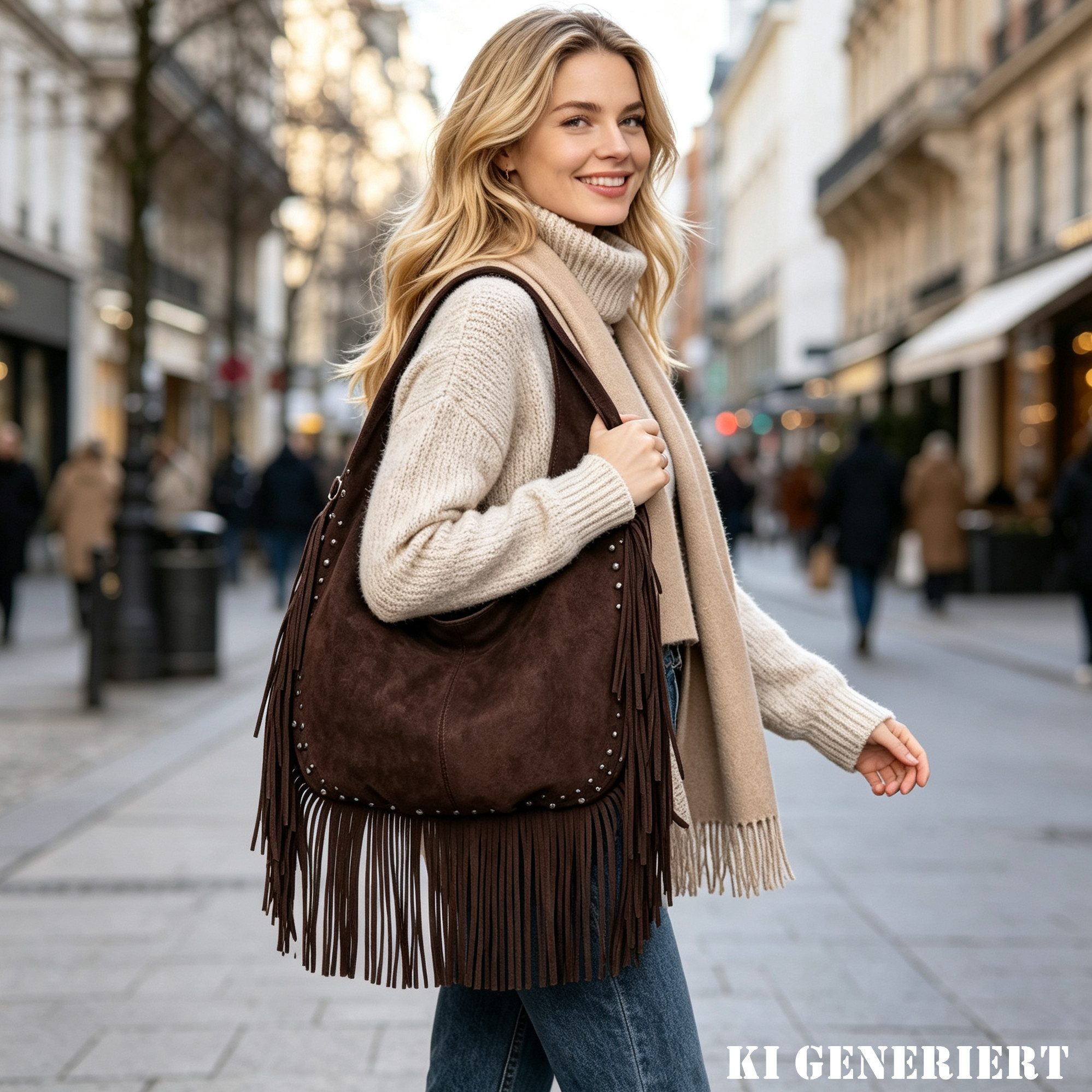 MIRROSI Shopper Damen Fransen Schultertasche Wildleder-Optik aus Polyester (Neue Kollektion Herbst/Winter 2026, ca. 41 x 5 x 37 cm), Boho Tasche mit Fransen, Ni – Bild 2 von 3