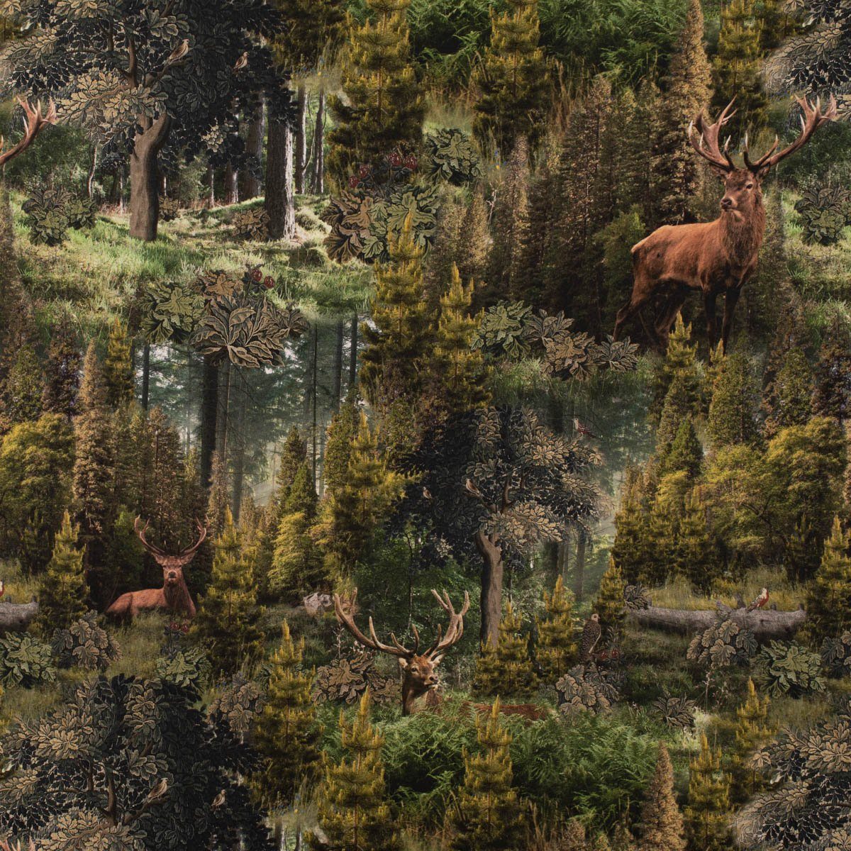 SCHÖNER LEBEN. Stoff Dekostoff Digitaldruck Ancient Forest Wald Hirsche grü günstig online kaufen