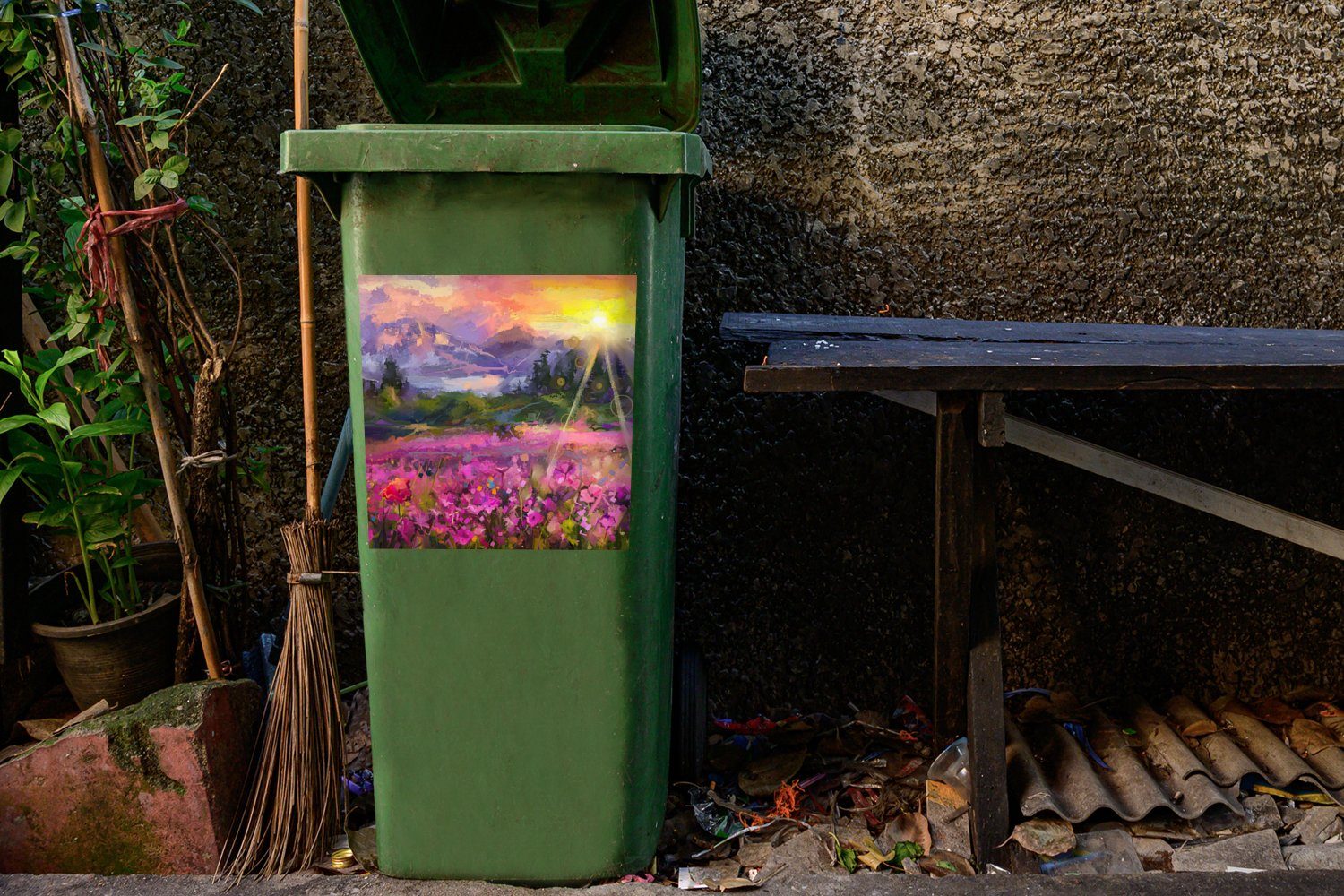 MuchoWow Wandsticker Gemälde Blumen - Mülltonne, Mülleimer-aufkleber, Sticker, - Container, Sonne Ölfarbe - Natur - Abfalbehälter St), (1