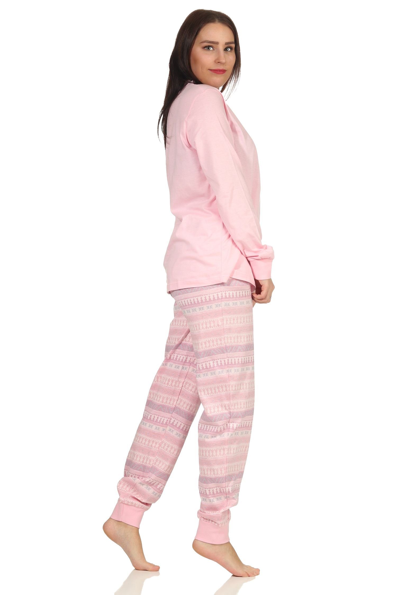 Normann Pyjama langarm Schlafanzug Damen Ethnolook mit rosa Pyjama Bündchen im