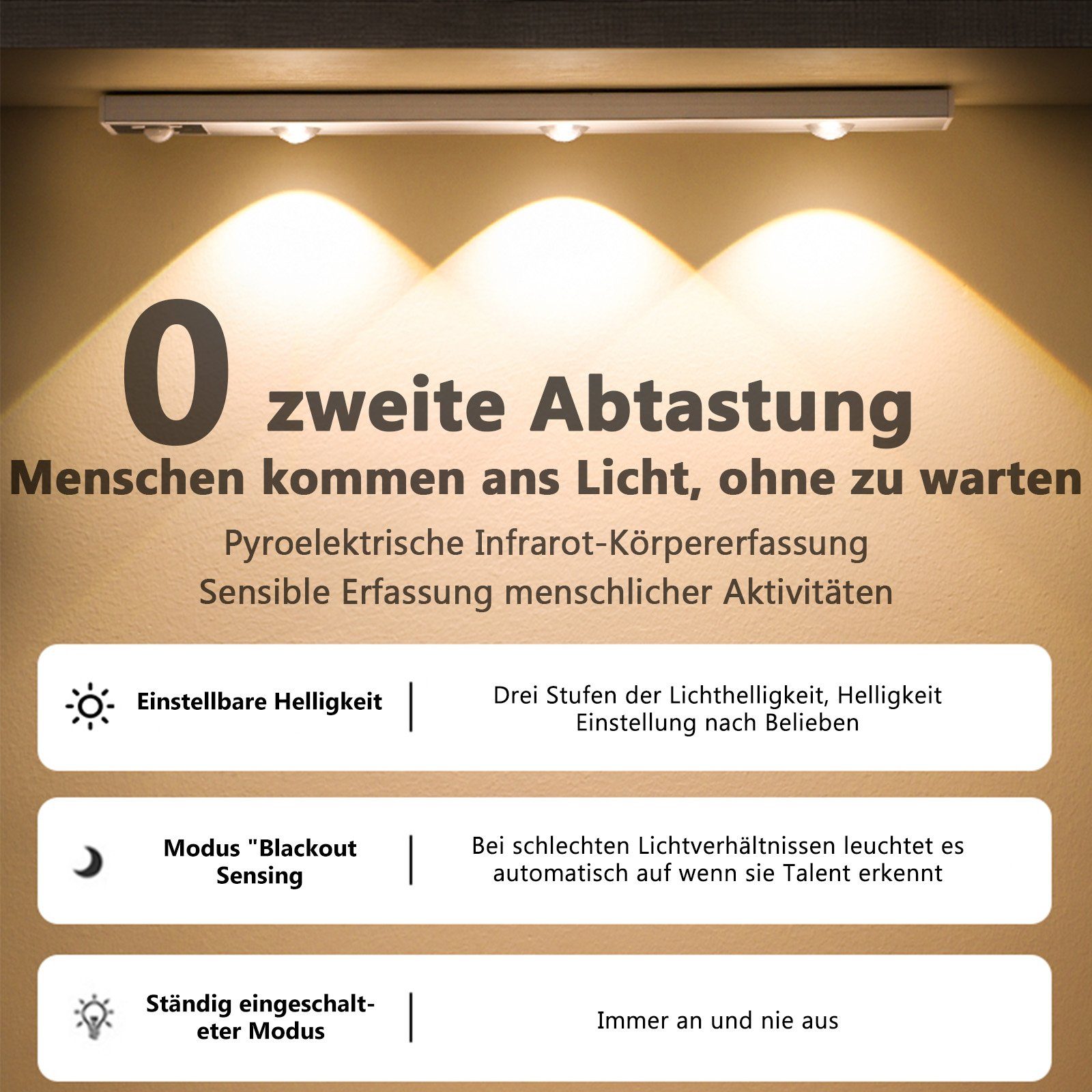 3 kabellos Unterschrank Bewegungssensor, Unterbauleuchte Magnetisch,Kabellose,3 4 Lichtfarben, Led Lichtfarben Beleuchtung 120°-Induktion, Wandleuchte, Schlafzimmer LED Ultradünne MUPOO /4500K/6500K,USB-Laden 60cm, LED für 3000K Unterbauleuchte Küche einstellbar