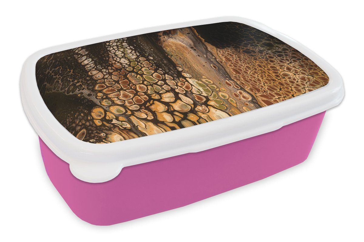 MuchoWow Lunchbox Acrylfarbe - Gießfarbe, Kinder, rosa Brotbox (2-tlg), Snackbox, Erwachsene, Mädchen, - Braun Kunststoff Brotdose für Kunststoff