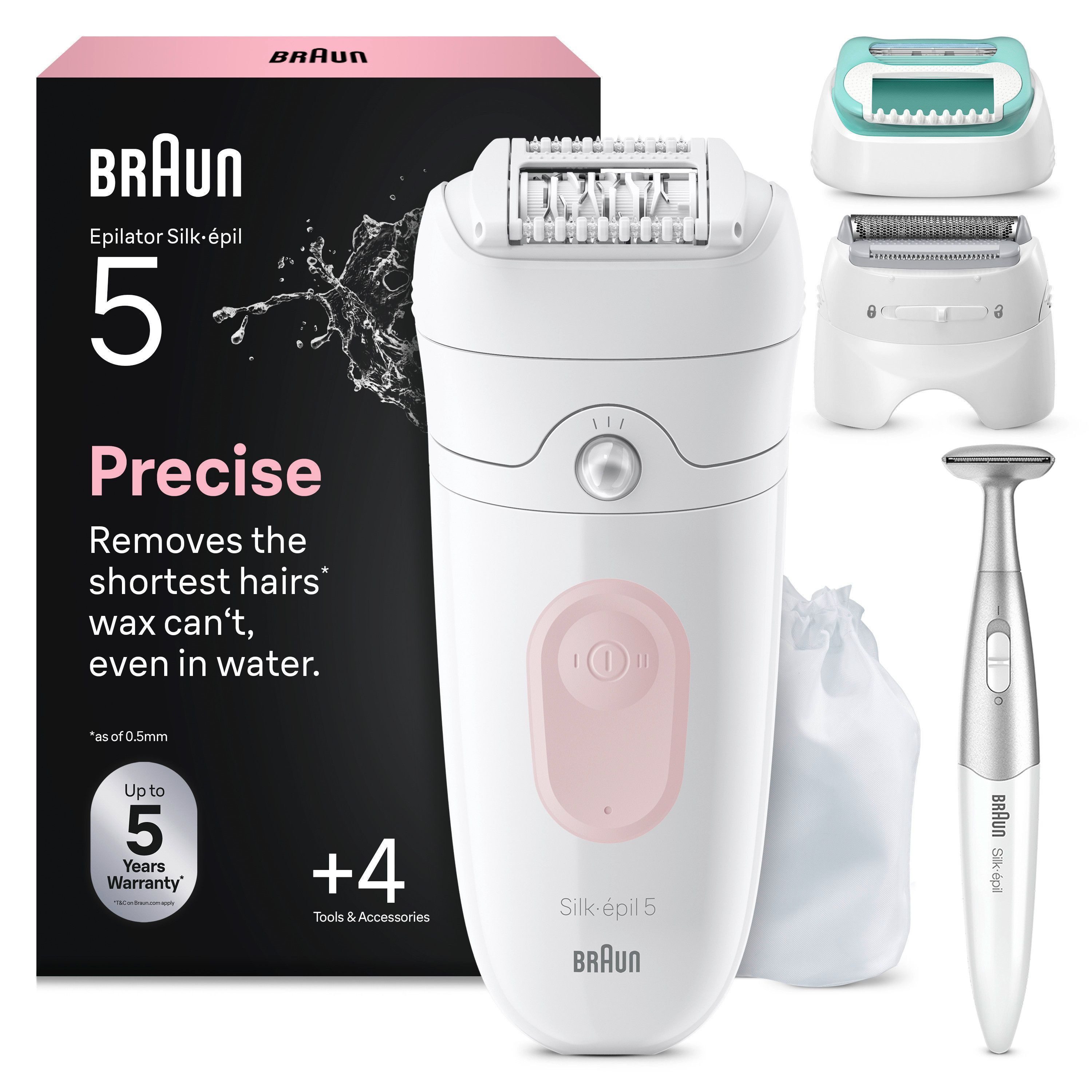 Braun Epilierer Silk-épil 5 SE5-251 (Modell 2026) 5-060 (Modell 2025), mit Rasieraufsatz, Trimmeraufsatz und Peeling Aufsätzen