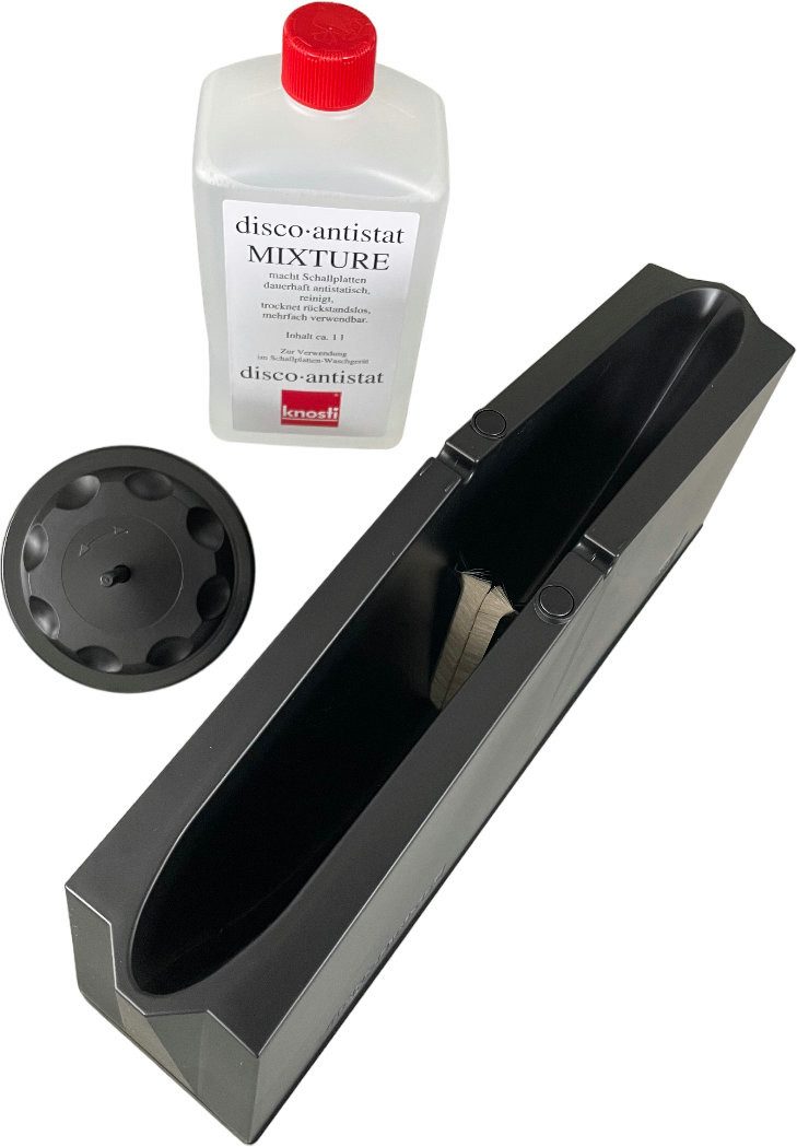 Knosti Plattenspieler-Reinigungs-Set Knosti Disco-Antistat Schallplatten Waschgerät, (inkl. Etikettendichtschale, Reinigungmittel, Trockenständer & Trichter), Schallplattenwaschmaschine mit austauschbaren Bürsten