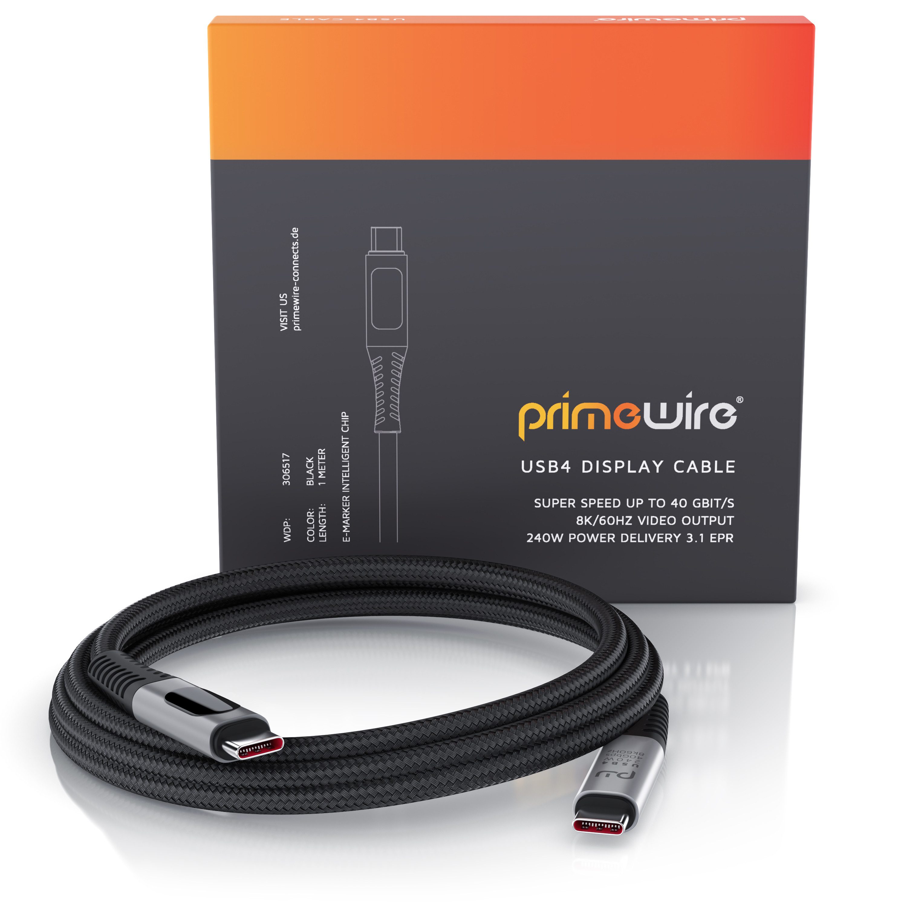 Primewire Thunderbolt 3 Kabel, USB 4 Typ C, USB-Kabel, USB-C, (100 cm), Gen 3x2-100 Watt Ladekabel / Datenkabel 40 Gbit/s mit Display, 1m