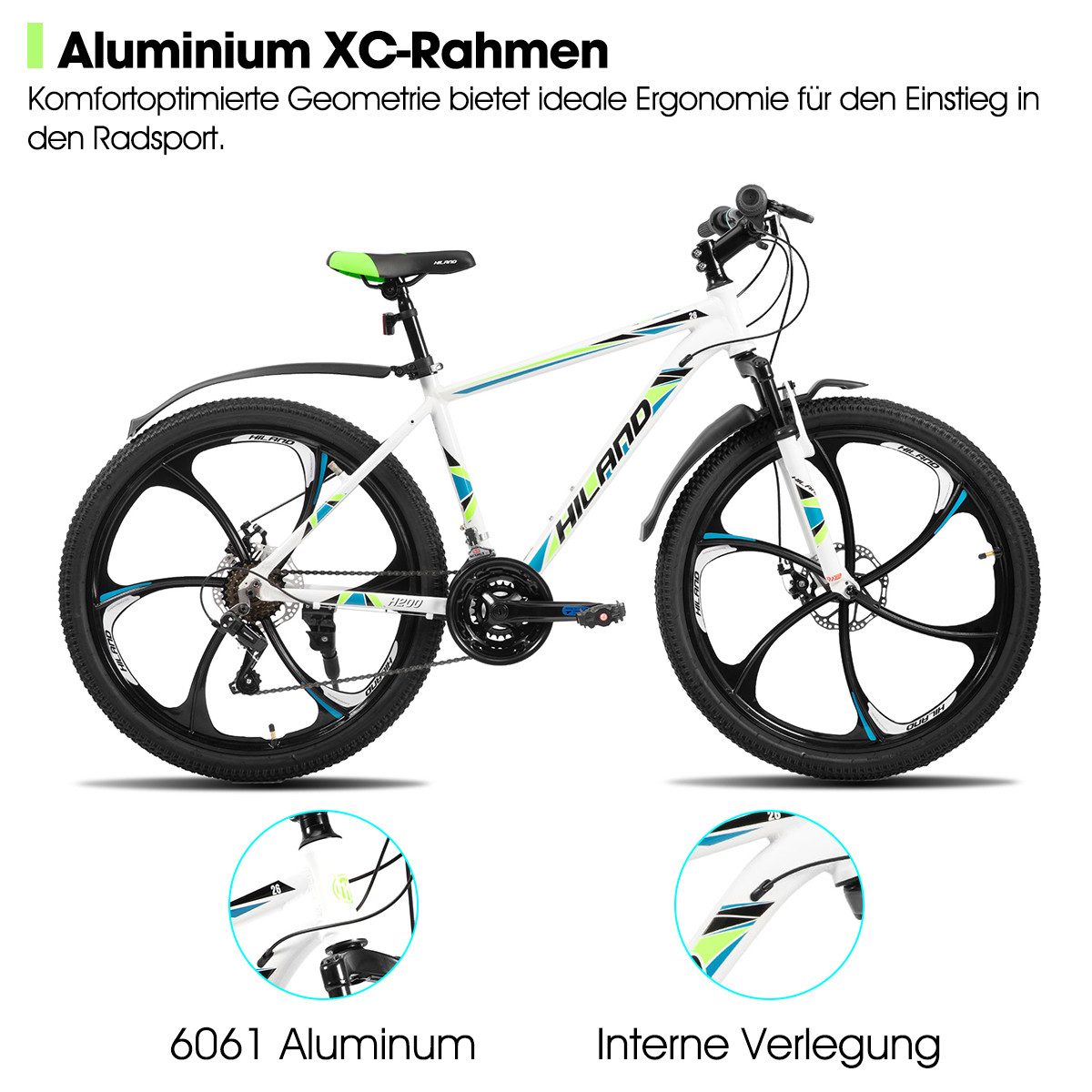 HILAND Mountainbike 26 Zoll Mountainbike für Erwachsene für Männer, Frauen, Studenten, 3-Speichen-Räder, 18-Gang, mit Schutzblechen, Doppelscheibenbremsen