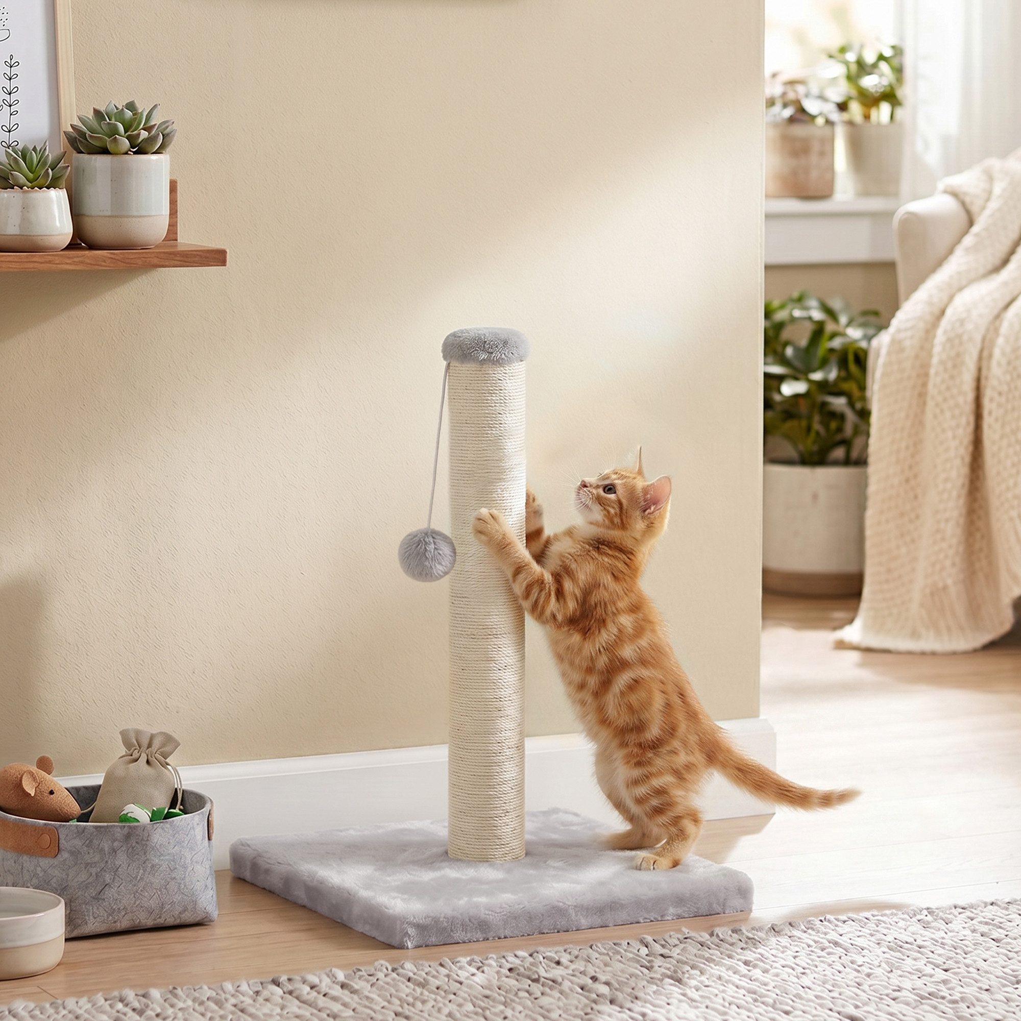 FEANDREA Kratzbaum aus Natürlichem Sisal mit Spielzeug, Möbelschutz für Große Katzen, 44 cm Hoher Stabiler Kratzbaum, 40 x 40 x 44 cm