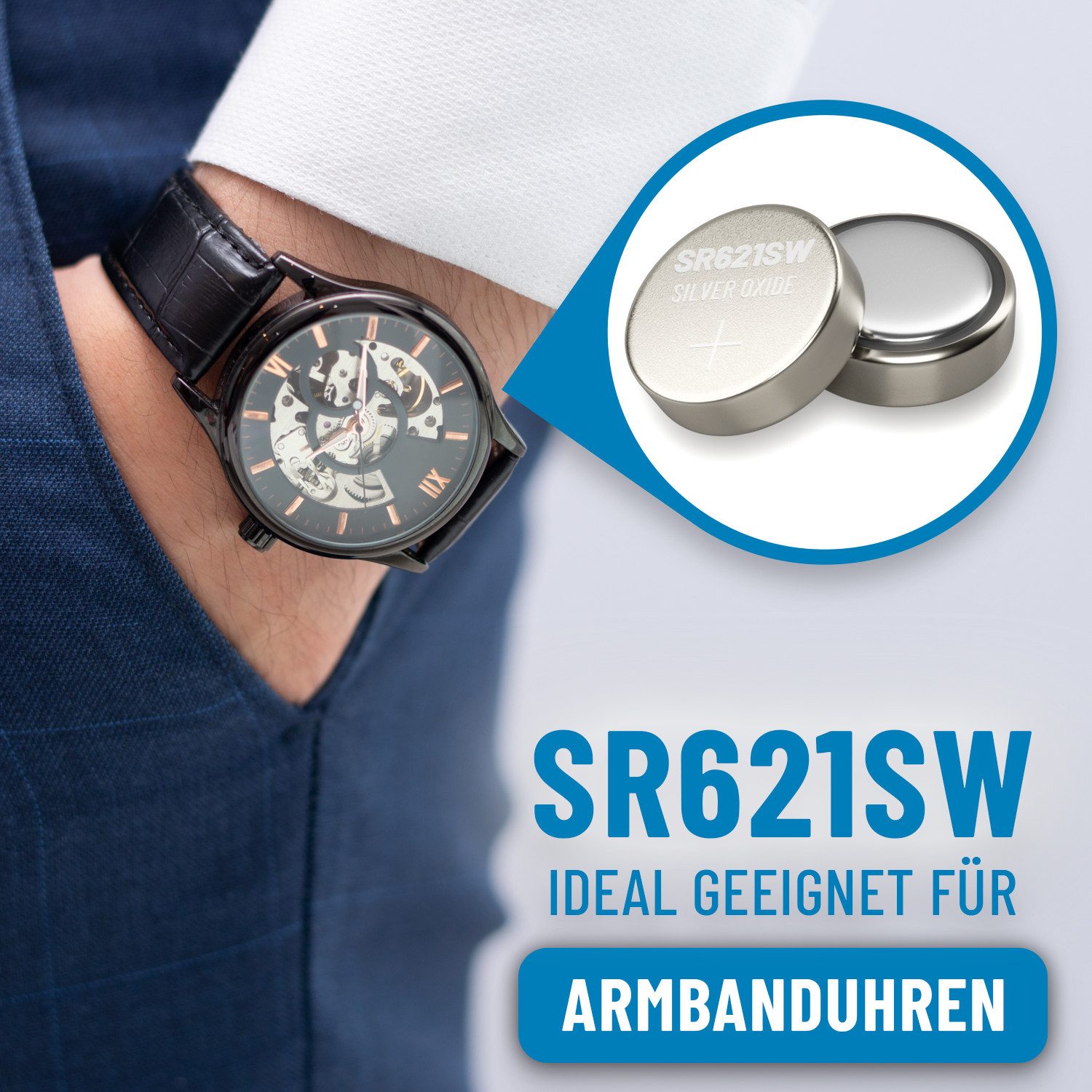 ABSINA SR621SW Uhrenbatterie 1,55V Silberoxid 10er Pack - Knopfzelle LR621 Knopfzelle, (1 St)