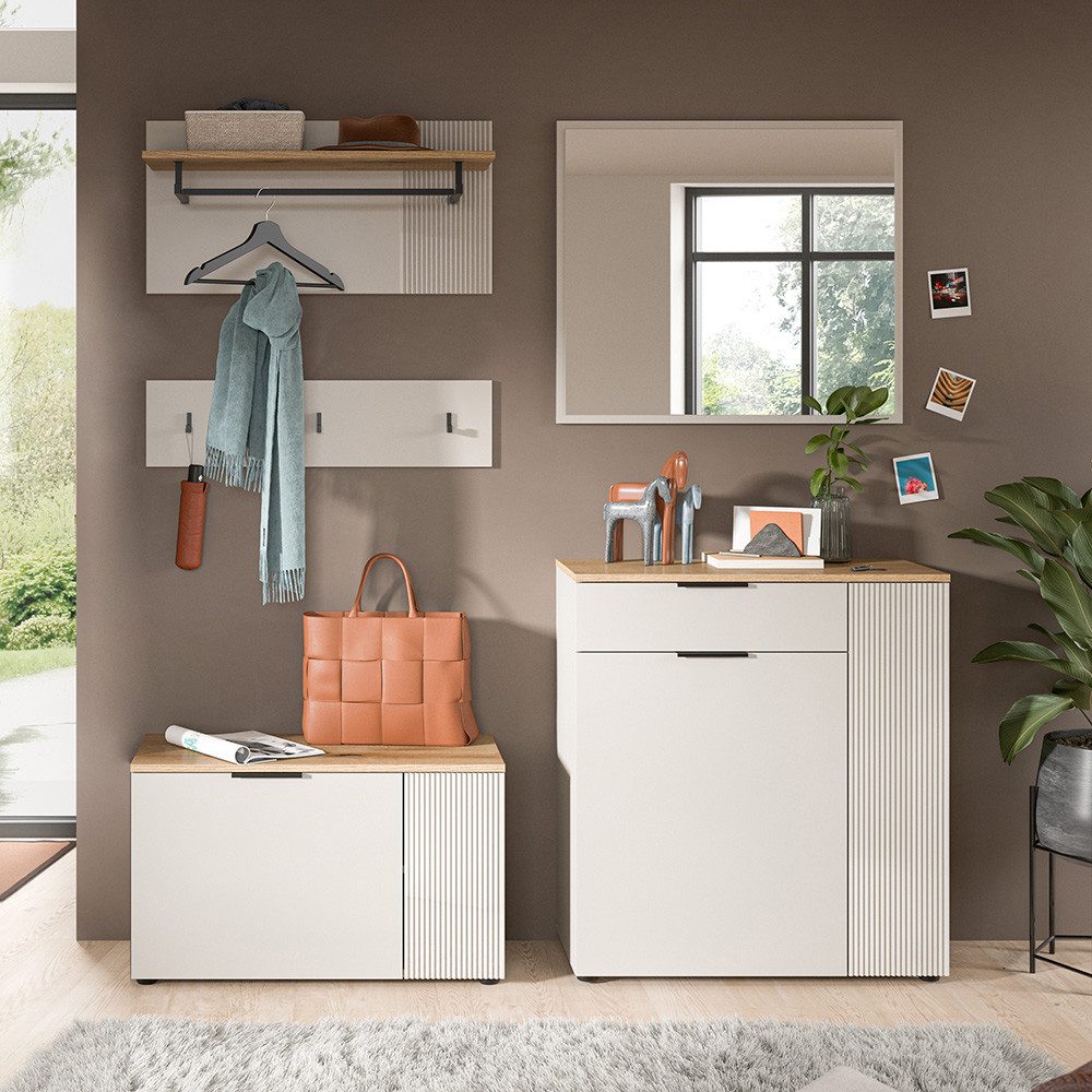 Lomadox Garderoben-Set SIMNAS-158, (Spar-Set, 5-St., Garderobenpaneel (2-teilig) Schuhbank Spiegel Kommode), in Kaschmir & Eiche, gerillte Front