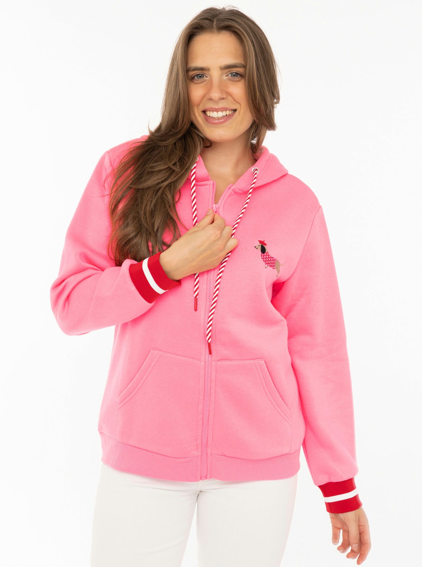 Zwillingsherz Sweatjacke "Très Bien" Mini Me, süßes Dackelmotiv, gestreifte Ärmelbündchen, Kapuze, Zipper