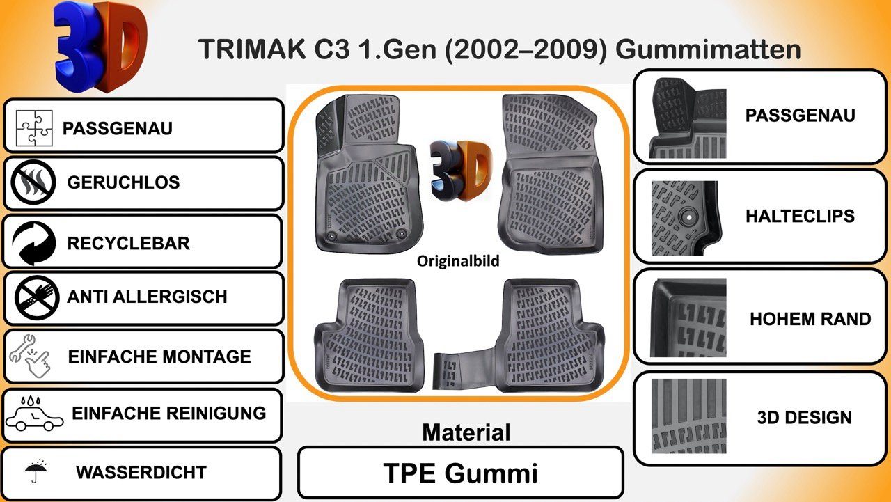 Gummimatten Auto-Fußmatte, Trimak C3 (2002 2009) CITROEN Auto 1.Gen Autofußmatten -