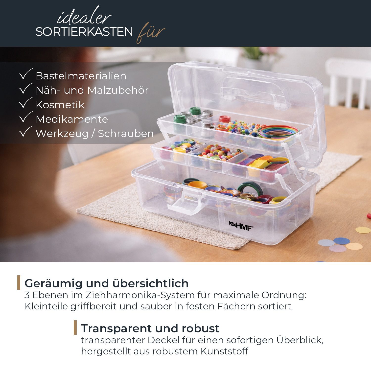 HMF Aufbewahrungsbox Nähkasten aufklappbar mit 3 Ebenen, Sortierbox mit 8 Fächern für, Kleinteile, 33 x 20 x 15 cm, Transparent