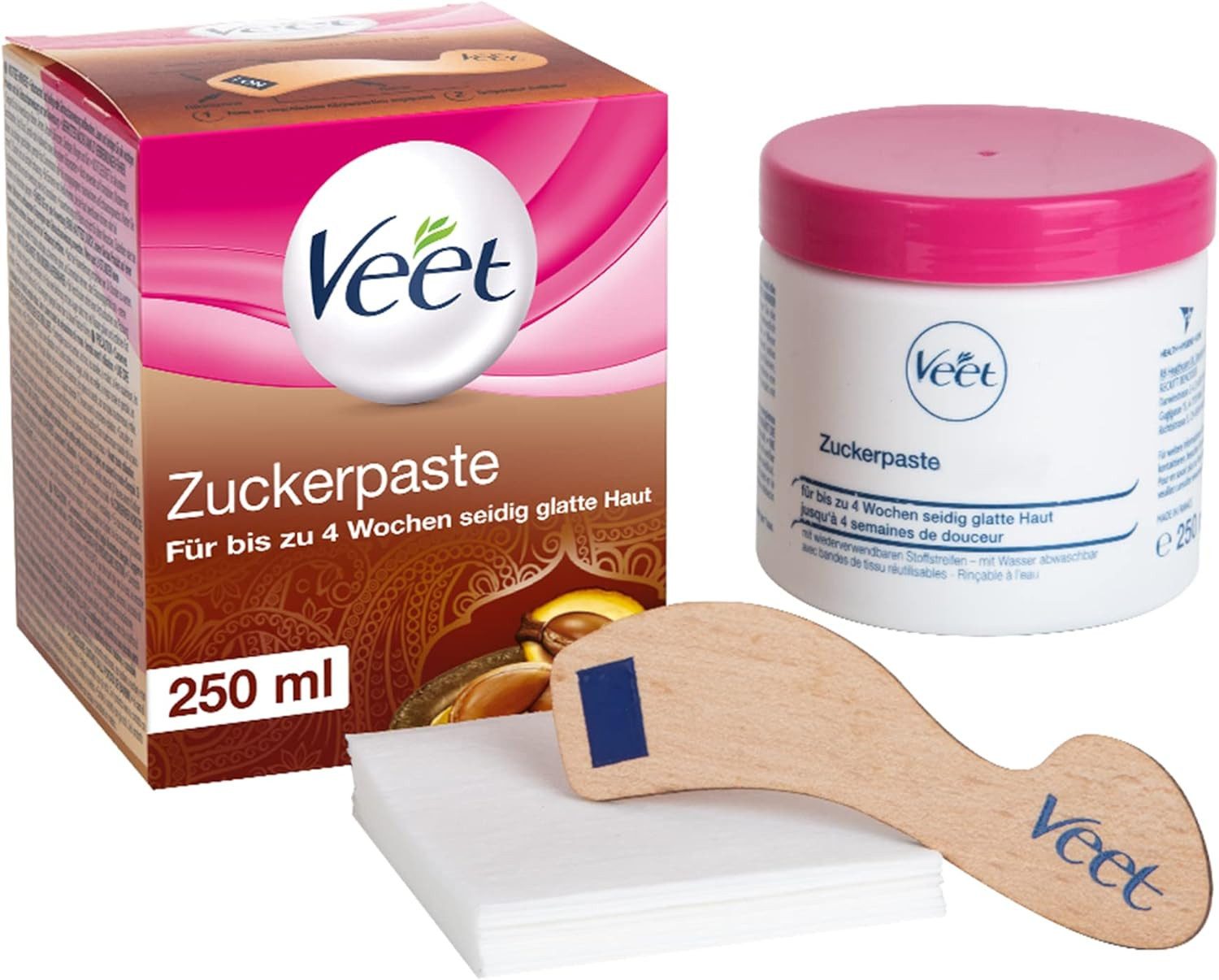 Veet Zuckerpaste Zuckerpaste mit Vanilleblütenduft 1x 250 ml, Körper & Gesicht Set, inkl. Holzspatel & Stoffstreifen