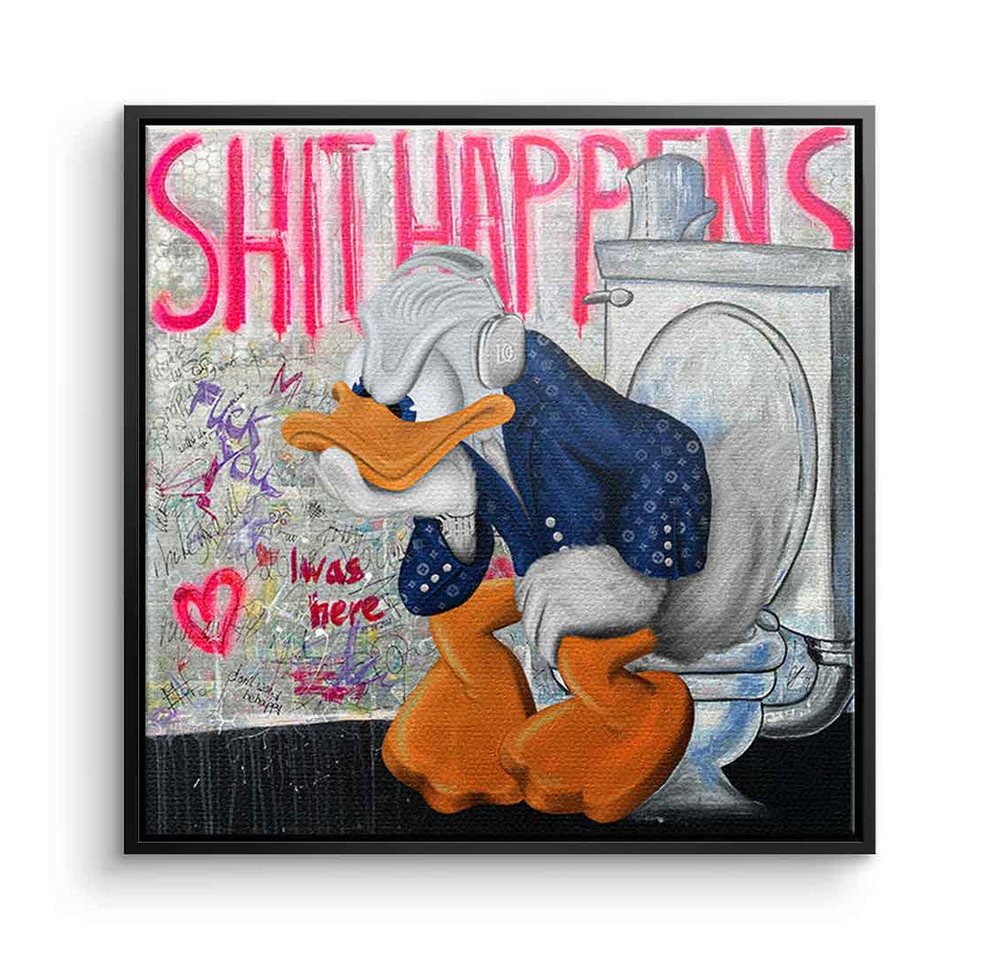 DOTCOMCANVAS® Leinwandbild Shit Happens, Leinwandbild Donald Duck Shit Happens Bad Toilette Pop Art Comic