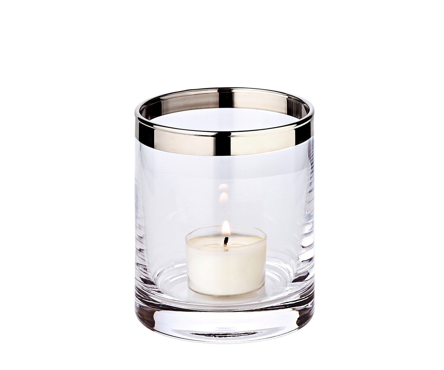 EDZARD Windlicht Molly, Höhe 10 cm, Ø 8,5 cm, aus Kristallglas mit Platinrand, Kerzenhalter für Stumpenkerzen