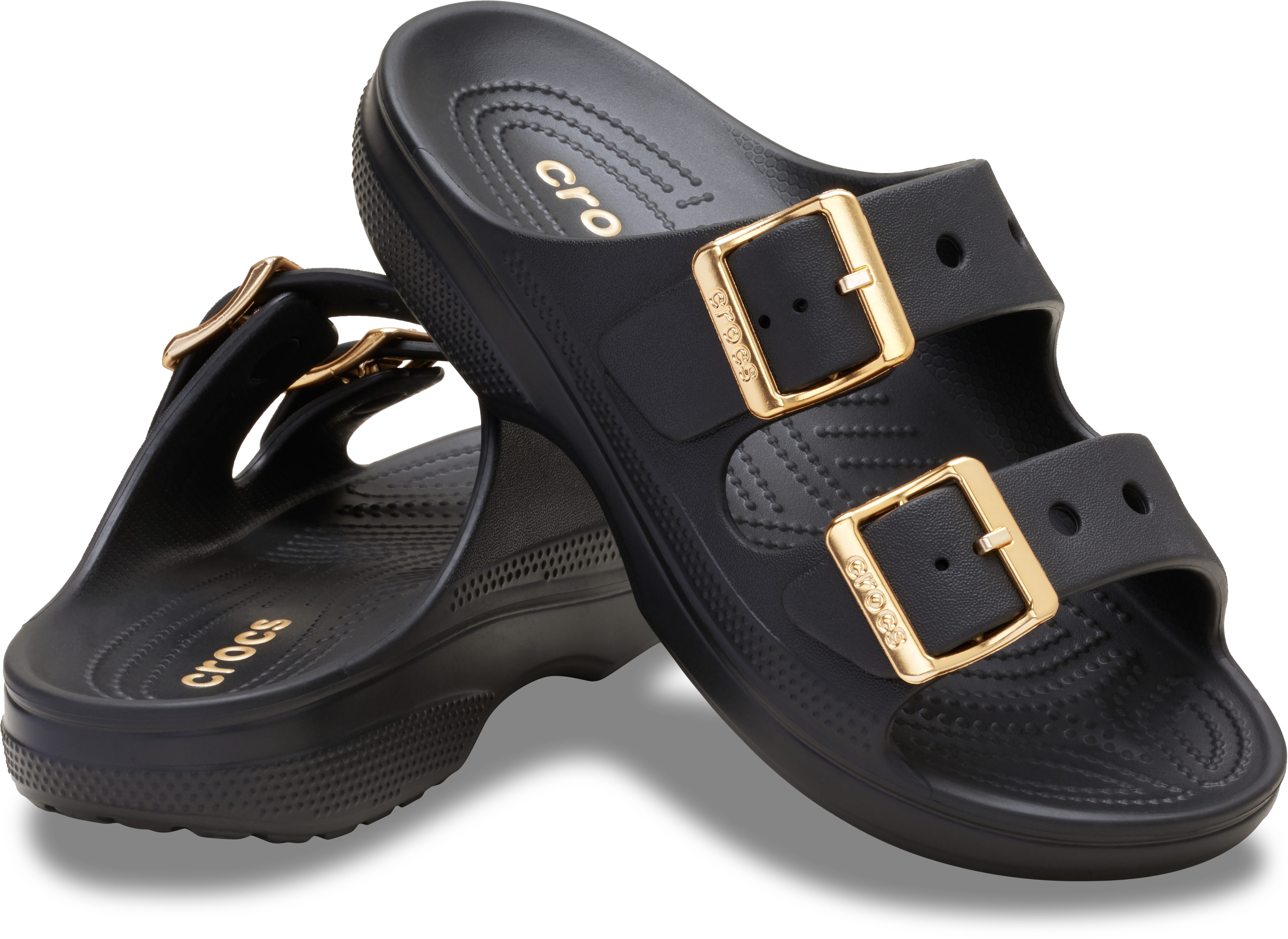 Crocs Saturday Metallic Buckle Sandal W Pantolette Sommerschuh, Urlaubsschuh, Strandschuh, Schlappen mit Schnallen
