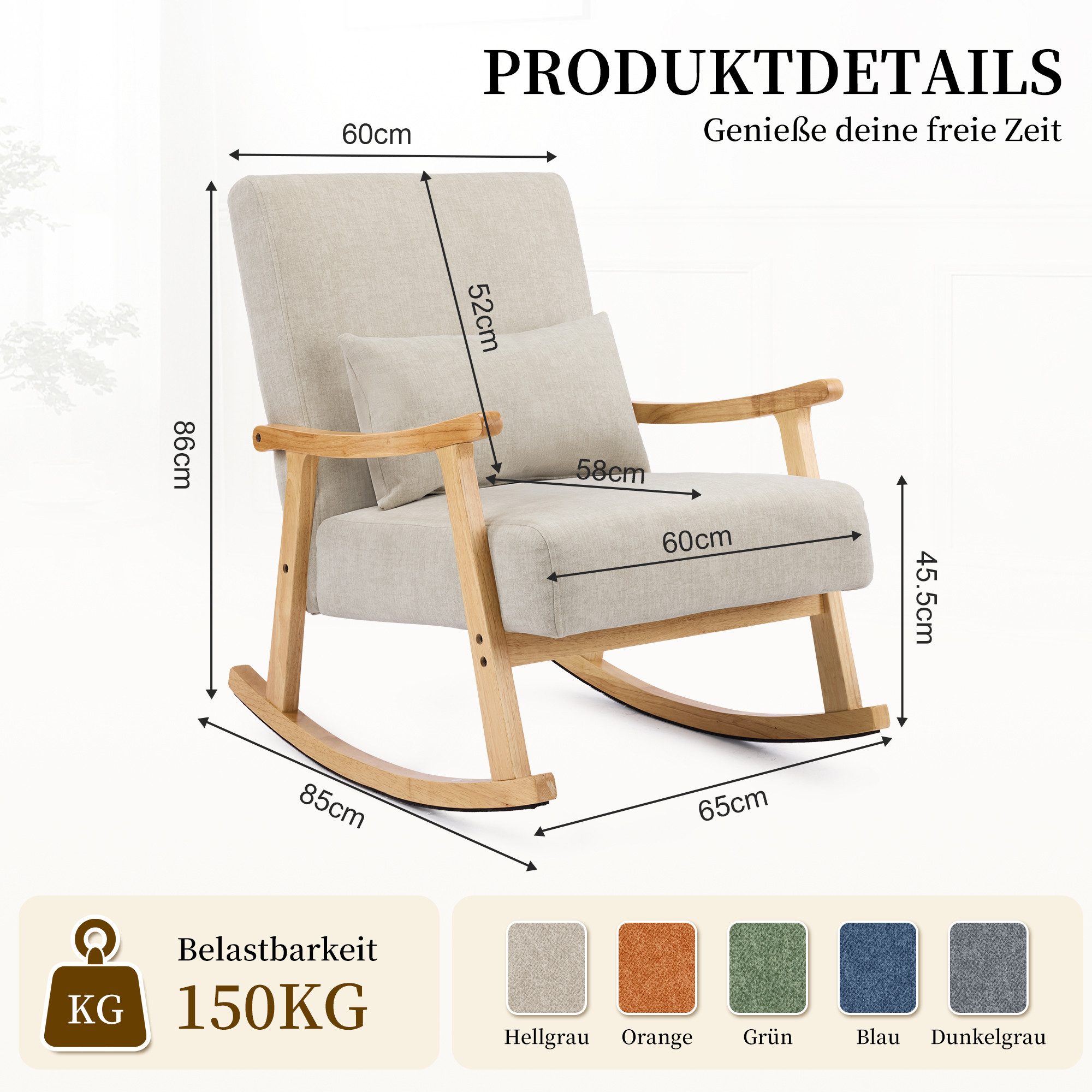 Aunekiv Schaukelstuhl Moderner Relaxsessel mit Kissen, 35° Schaukelwinkel, 65 x 85 x 86 cm (1 St), Holzrahmen, bis 150 kg belastbar, für Wohnzimmer & Schlafzimmer