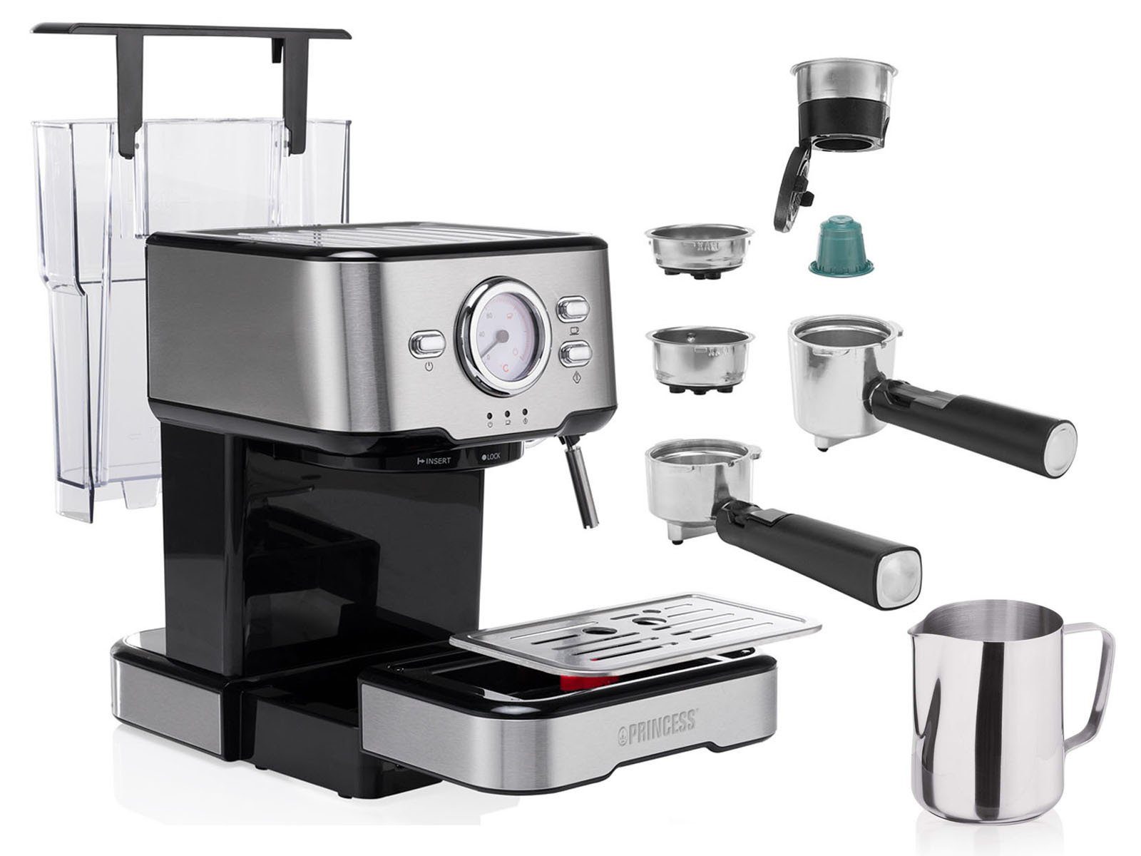 Siebträgermaschine, Milchaufschäumer italienische Siebdruck Espresso-Maschine & mit Kaffee PRINCESS