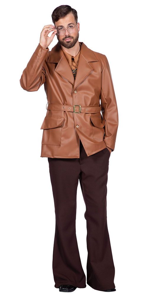 Karneval-Klamotten Kostüm 70er Jahre Herren Retro Jacke Herrenkostüm, 60er 70er Jahre Schlager Männerkostüm Kunstleder Mantel Karneval