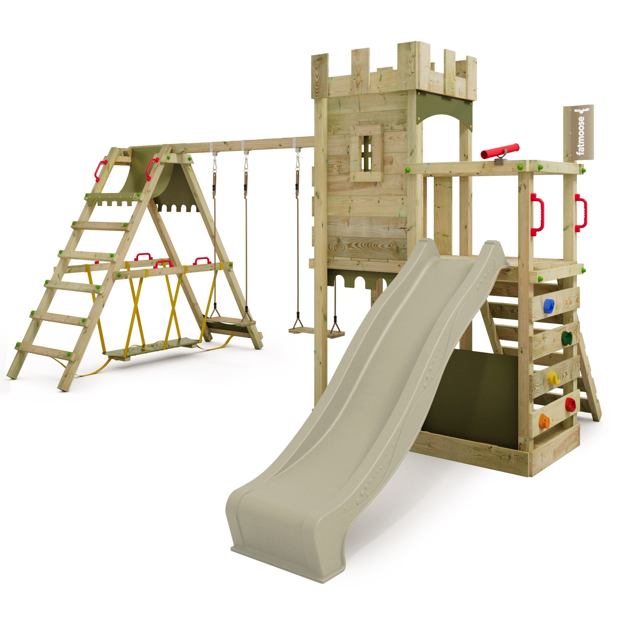 FATMOOSE Spielturm Boldbaron – Spielturm mit SurfSchaukel, Rutsche & Kletterwand, Abenteuerliche Ritterburg für kleine Entdecker – 10 Jahre Garantie*