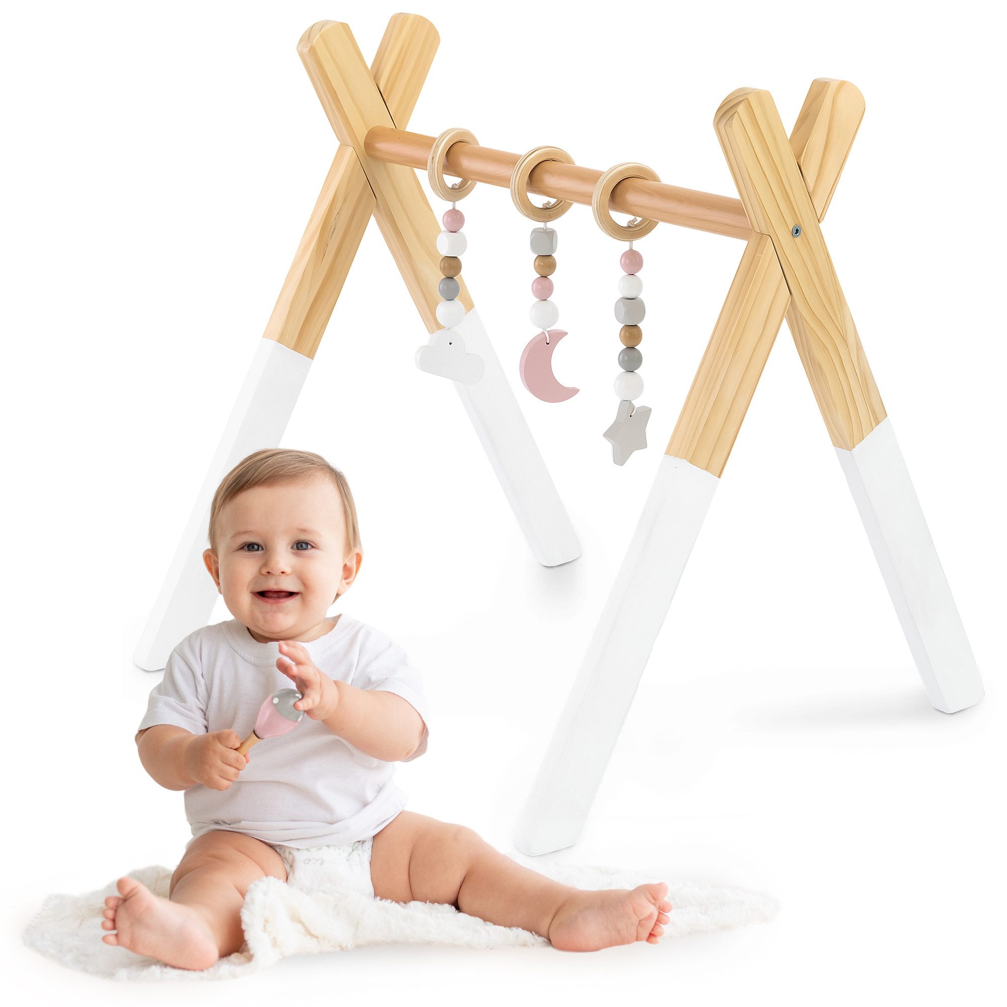 Mamabrum Baby Gym Mamabrum Baby Gym aus Holz mit 3 sensorischen Anhängern, 0M+
