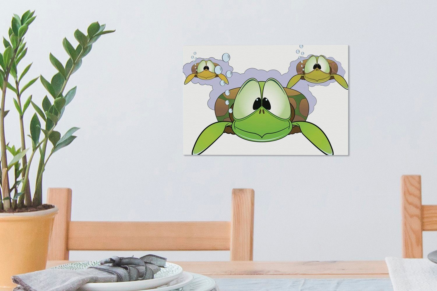 Wandbild (1 Leinwandbilder, Wasser, cm Illustration von Leinwandbild Schildkröten St), drei im Wanddeko, OneMillionCanvasses® grünen Aufhängefertig, 30x20