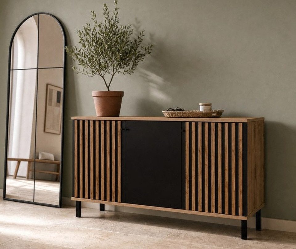 COMBO Mehrzweckschrank 150x85cm Wotan Eiche Schwarz Wohnzimmer Flur Esszimmer (3 Drehtüren Einlegeböden 150cm breit) Stauraum vielseitig modern skandinavisch zeitlos stilvoll