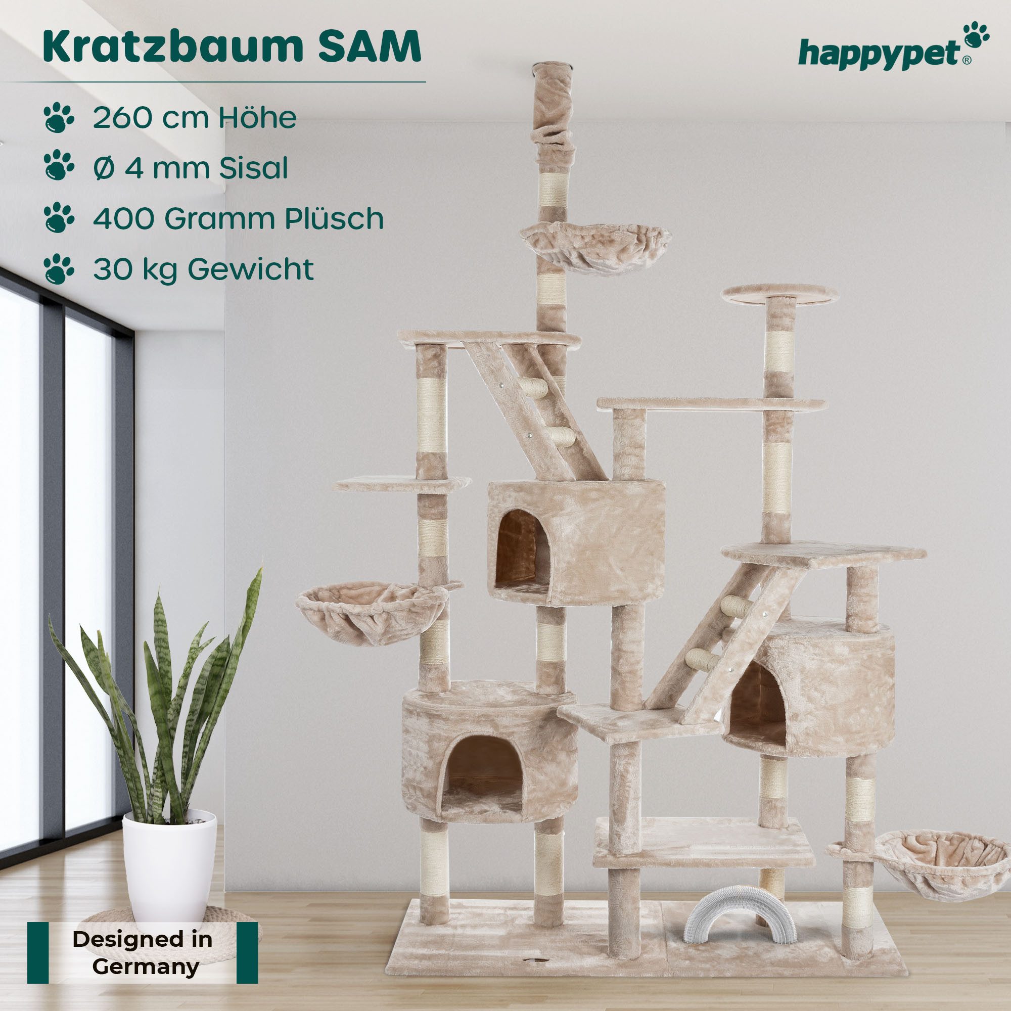 Happypet Kratzbaum SAM, Gesamthöhe bis 260 cm, Extra Breit, Deckenhoch mit viel Zubehör