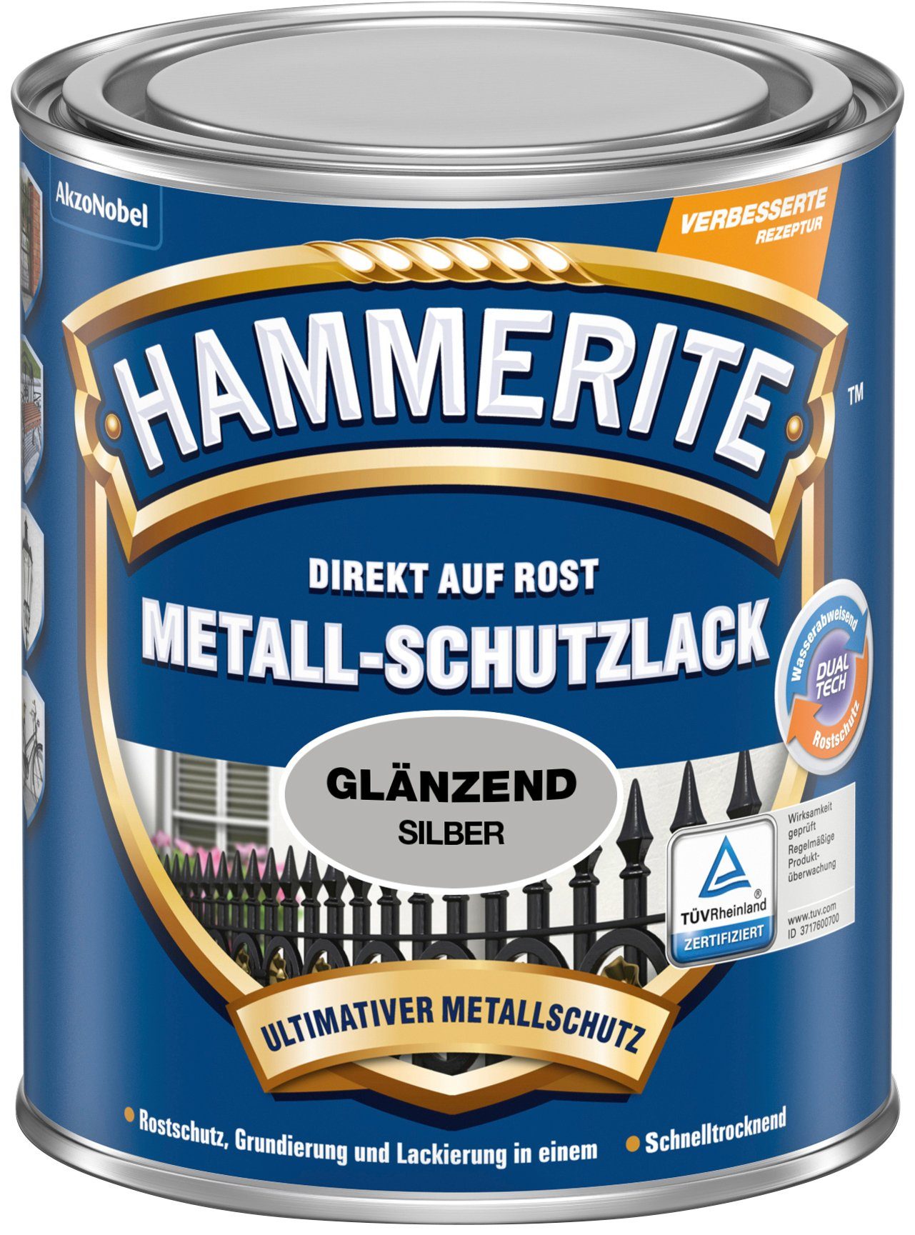 Silber 0,75 Hammerite  Liter Metallschutzlack glänzend, Glanz DIREKT ROST, AUF