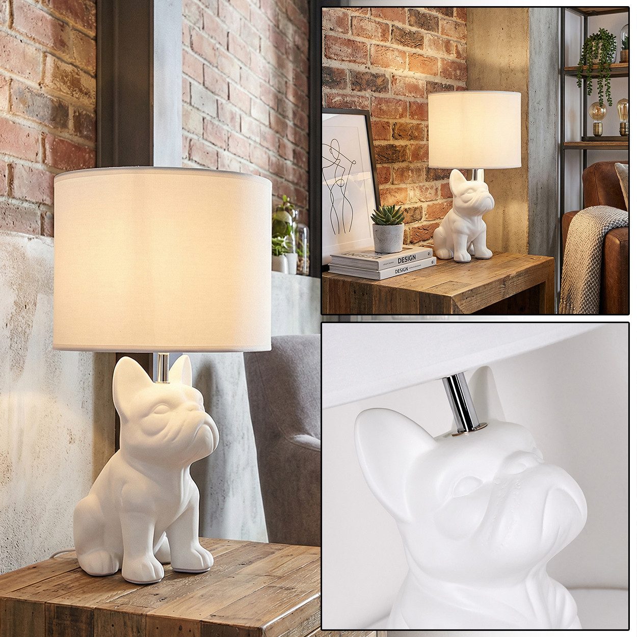 hofstein Tischleuchte Tischlampe Hund/Bulldogge aus Keramik/Metall/Stoff in Weiß/Chrom, Tischleuchte im Retro-Design mit Schalter am Kabel, Höhe 40 cm, E27