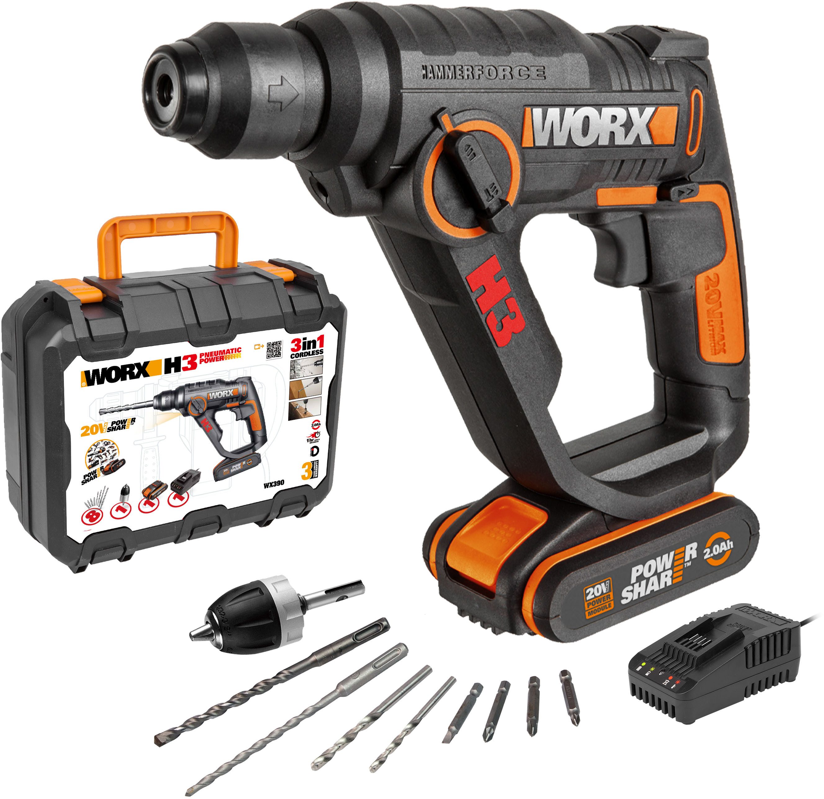 Worx Akku-Bohrhammer WX390, (Set), 3-In-1, pneumatisches Hammerwerk, inkl. Akku & Ladegerät
