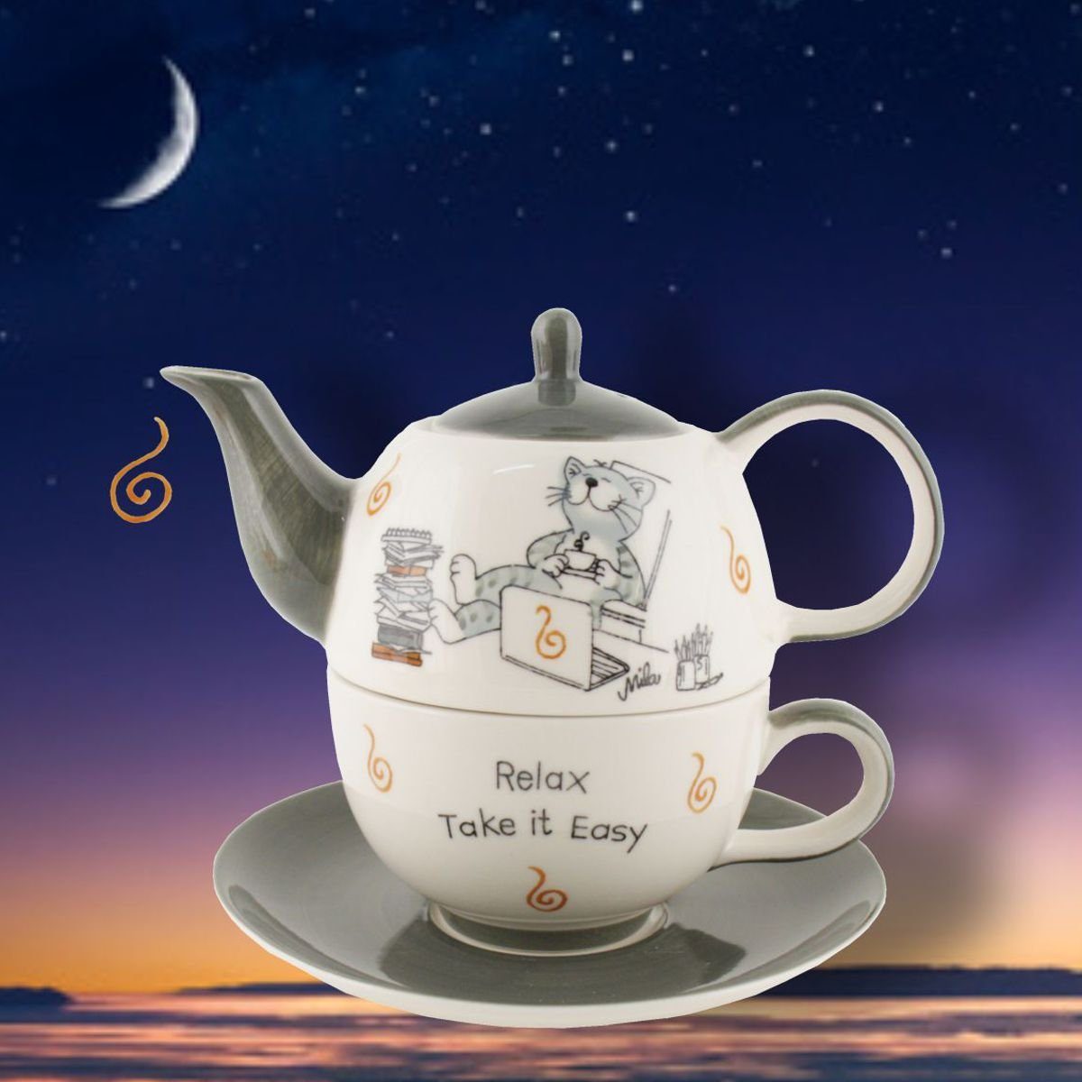 Mila Teekanne Mila Keramik Tee-Set Oommh Katze relax - take it easy, 0,4 l, (Set, Tee-Set)