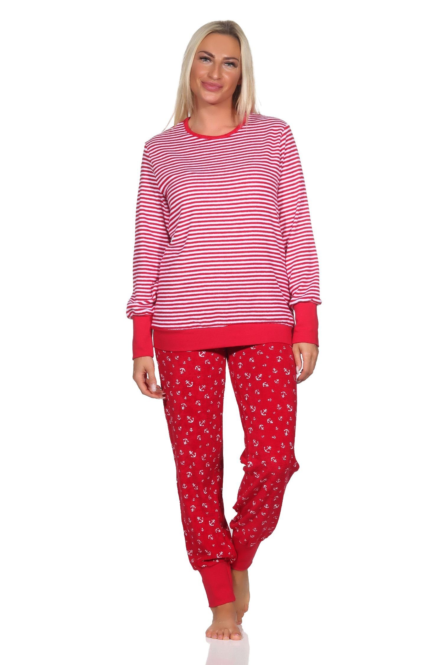 Damen und rot1 Normann Motiv Optik Anker Normann Schlafanzug maritimer Pyjama in Frottee