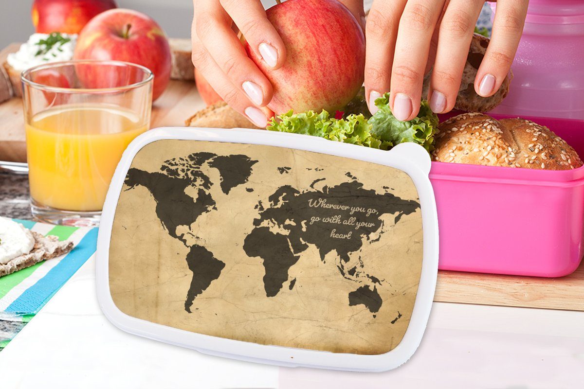 Snackbox, - Lunchbox Brotdose Weltkarte für Kunststoff, Mädchen, Vintage Kinder, - Kunststoff MuchoWow rosa Erwachsene, Zitat, (2-tlg), Brotbox