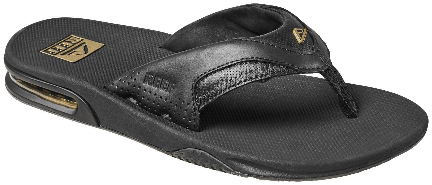 Tongs Reef Leather Fanning Lux Homme - Cuir, Semelle EVA, Décapsuleur Intégré, Noir