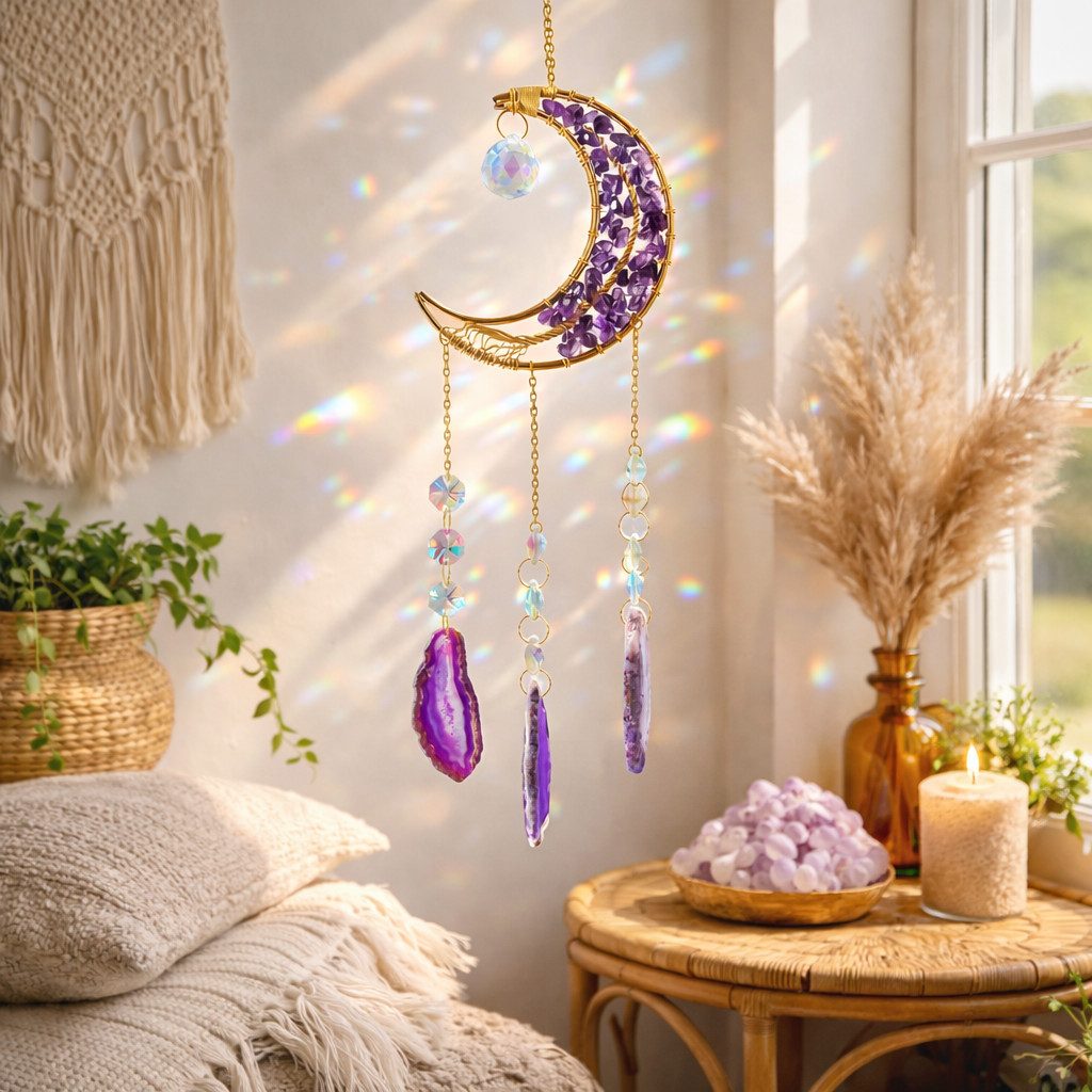 Karmandala Fensterdekoration Edelstein Sonnenfänger mit Kristall Regenbogen Lichtspiel, echte Amethyst Steine, spirituelle Boho Deko