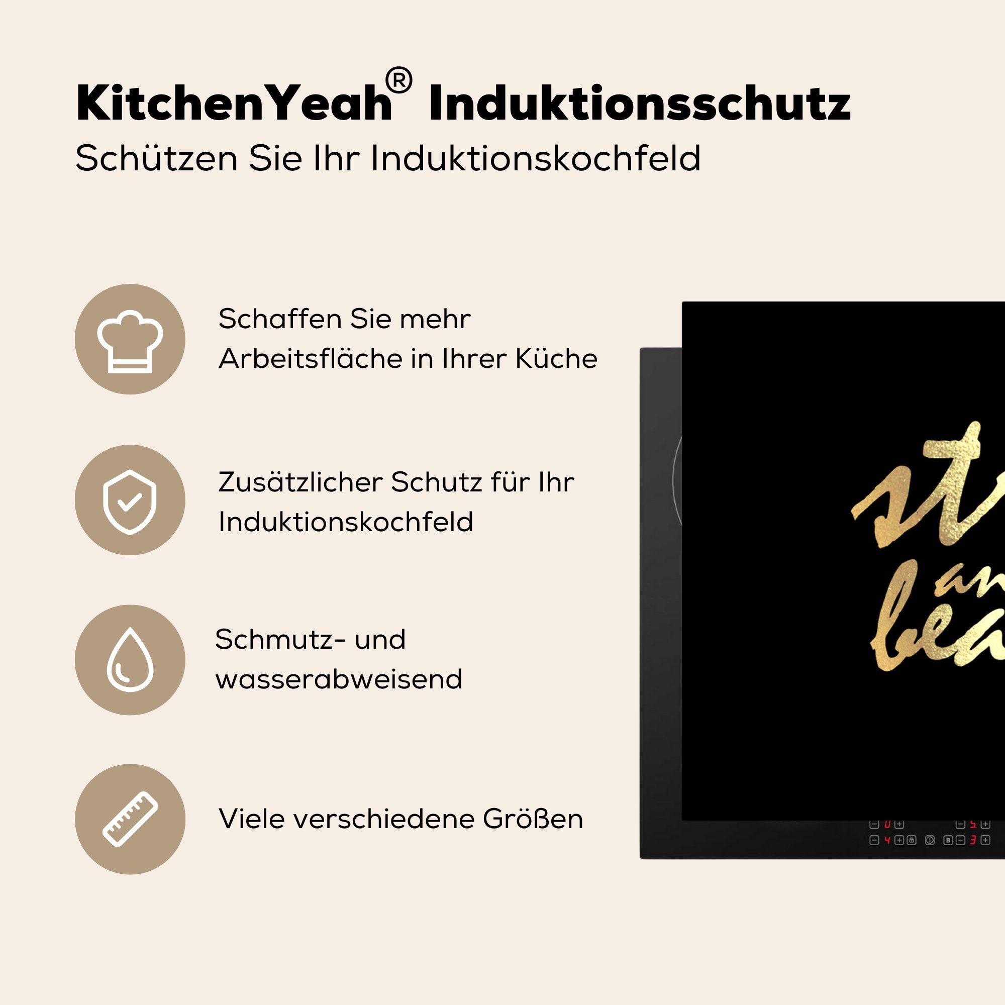 tlg), - für die Zitate MuchoWow küche, - Schwarz 81x52 Vinyl, (1 Herdblende-/Abdeckplatte Ceranfeldabdeckung Schutz - Motivation Induktionskochfeld Gold, cm,