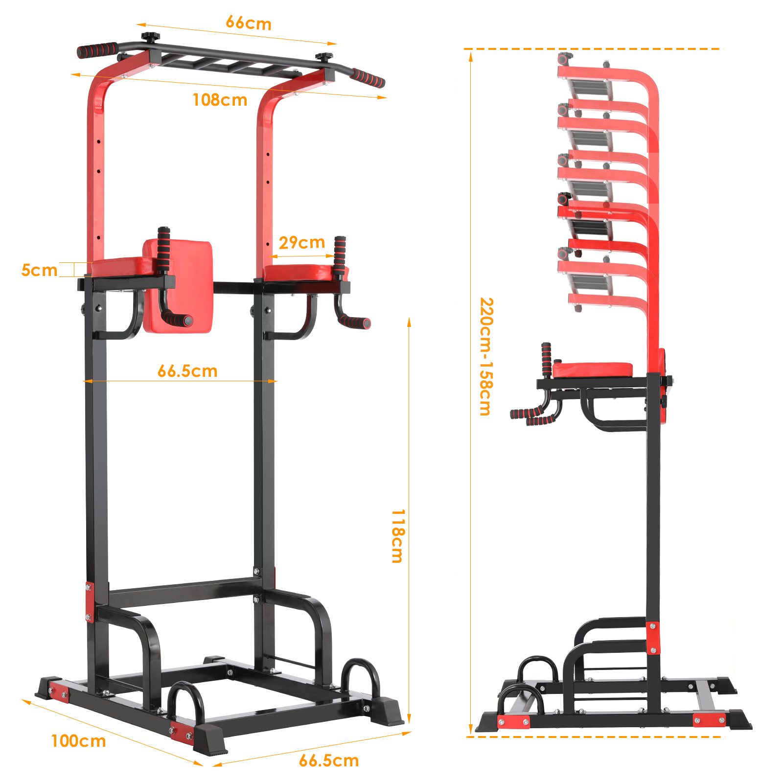 TLGREEN Kraftstation Trainingsstation, Fitnessstation, Power Tower für Training zuhause, 8-Stufig HÖhenverstellbar, Dipstange, Klimmzugstange,Rückenpolster