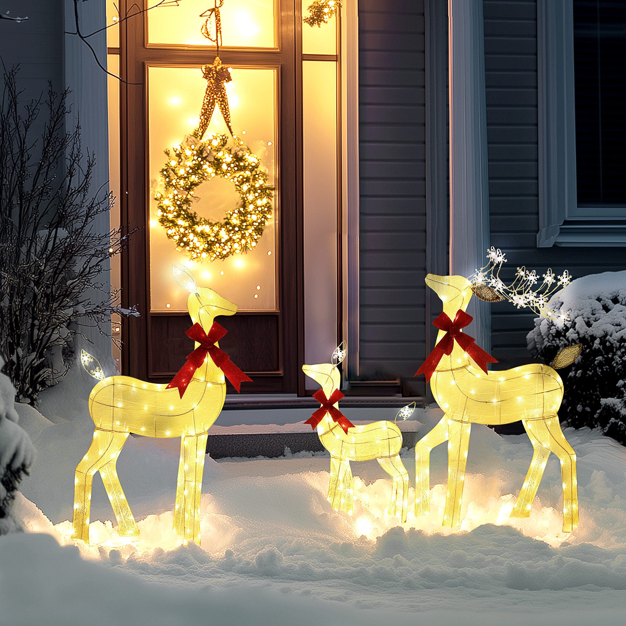 Outsunny Weihnachtsfigur LED Rentier mit 242 RGB- und warmweißen LEDs für Außen & Innen (3-teiliges Weihnachtsdekorationsset, 3 St., Weihnachtsdeko), Wasserfest, Gelb