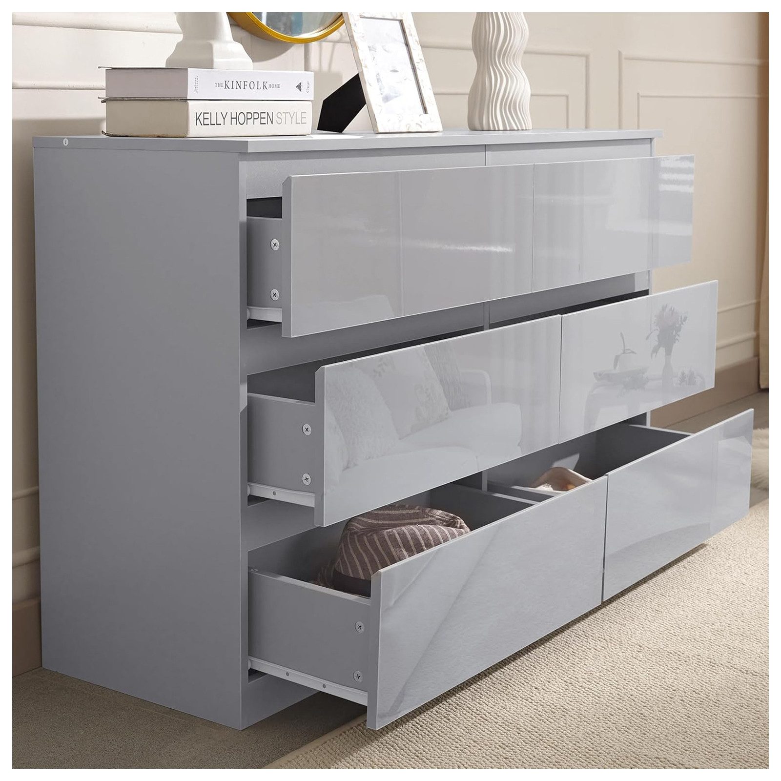 HTI-Living Sideboard Sideboard Kenji 8 Schubladen Hochglanz Grau (Stück, 1 St., 1 Sideboard), Kommode