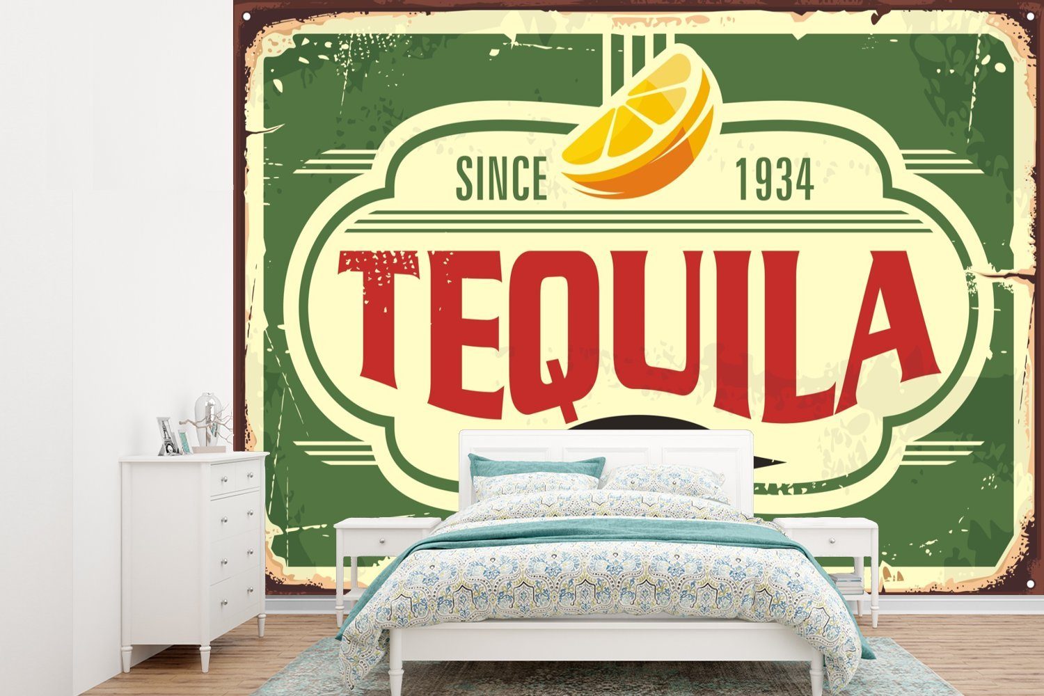 MuchoWow Fototapete Tequila - Vintage - Werbeschild, Matt, bedruckt, (6 St), Montagefertig Vinyl Tapete für Wohnzimmer, Wandtapete