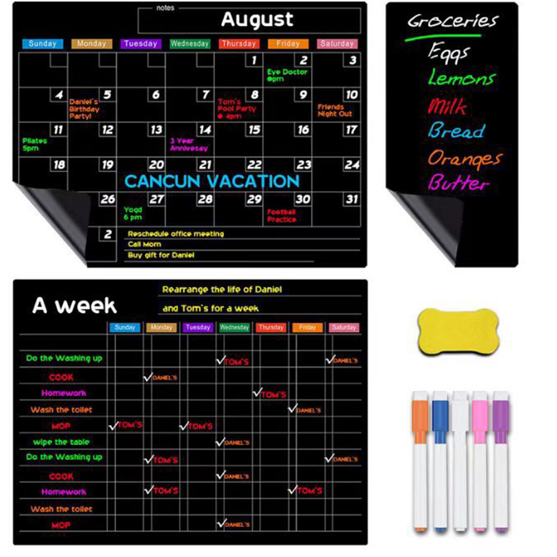 Keyura Magnettafel Magnetische für Küchenkühlschrank mit 5 farbigen Kreidemarkern, (42x30 cm, trocken abwischbar, Wochenplaner & Einkaufsliste, Notizblock, Kreidetafel für Kühlschrank)