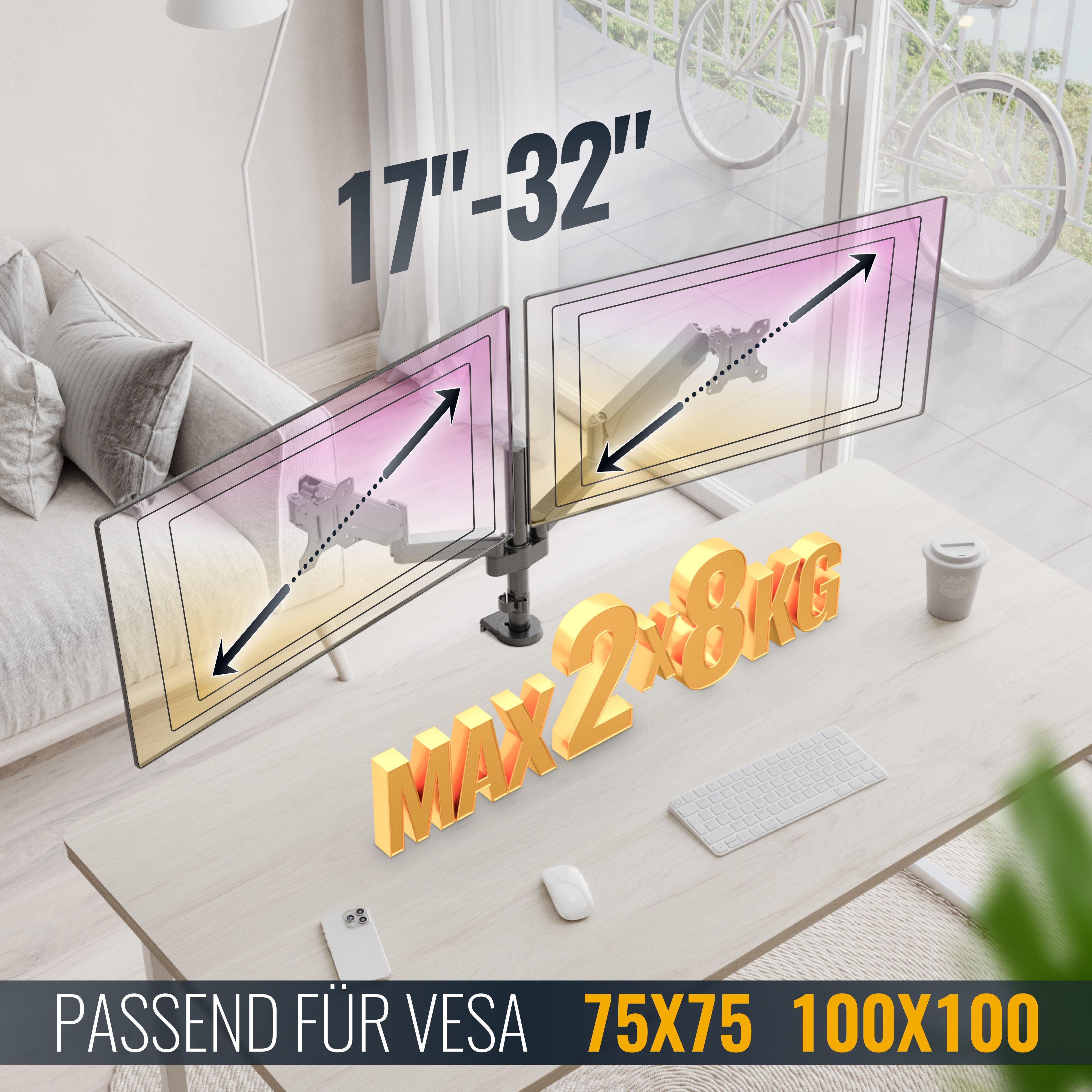 RICOO Monitor-Halterung Monitor Tischhalterung 17"-32" mit Gasdruckfeder für 2 Monitore TS3911, (bis 32 Zoll, VESA 75x75 und 100x100, 1-tlg., min. 1 Kg - 8 Kg pro Frontplatte, 43-81 cm (17"-32) Monitor-Diagonale, neigbar +/-35°, schwenkbar 180° Gasfeder Dual Monitorständer)