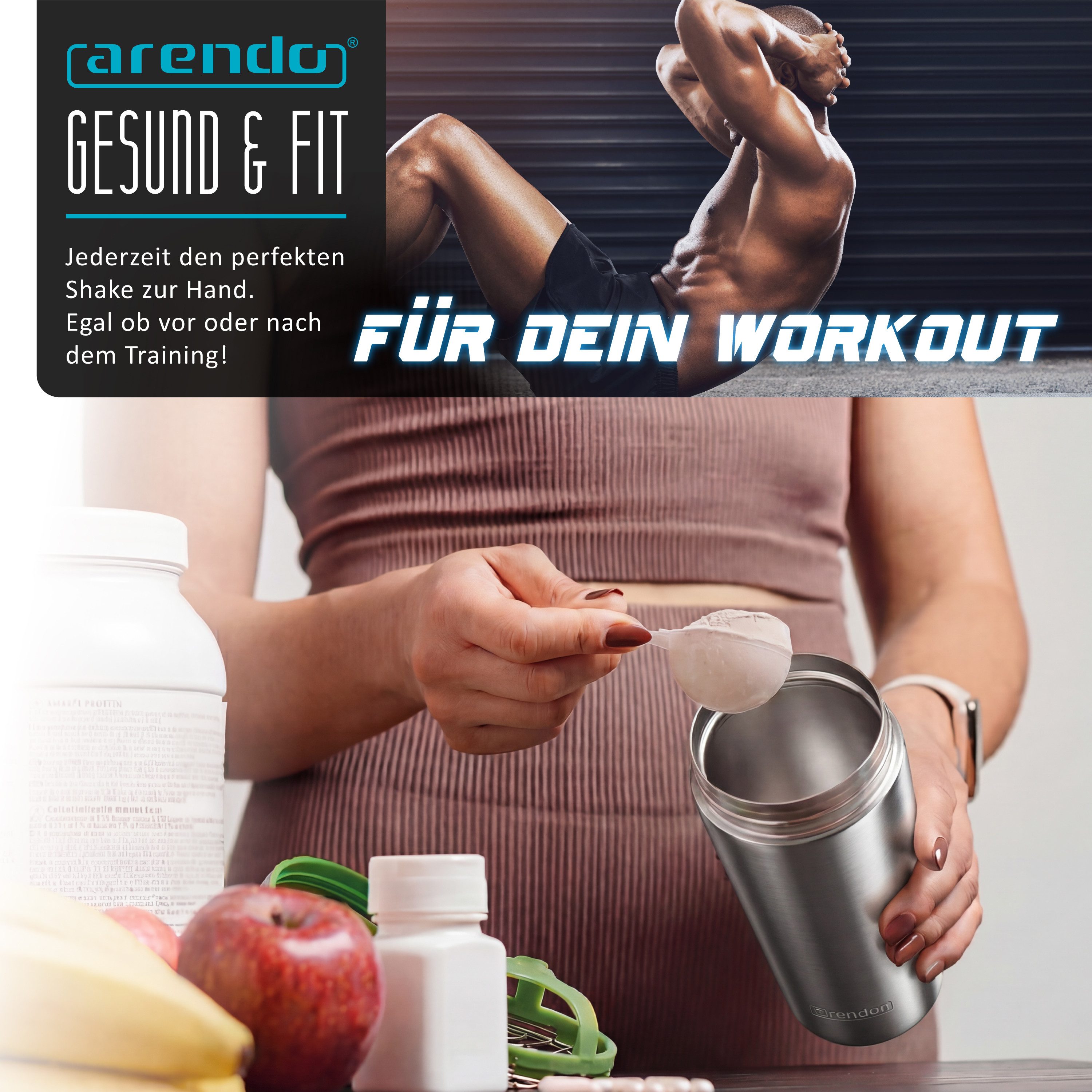 Arendo Protein Shaker Edelstahl Eiweißshaker 500 ml, verschließbar, bruchfest, BPA-frei, Edelstahl, (1-tlg), auslaufsicher, spülmaschinengeeignet, mit Tragegrif – Bild 4 von 5