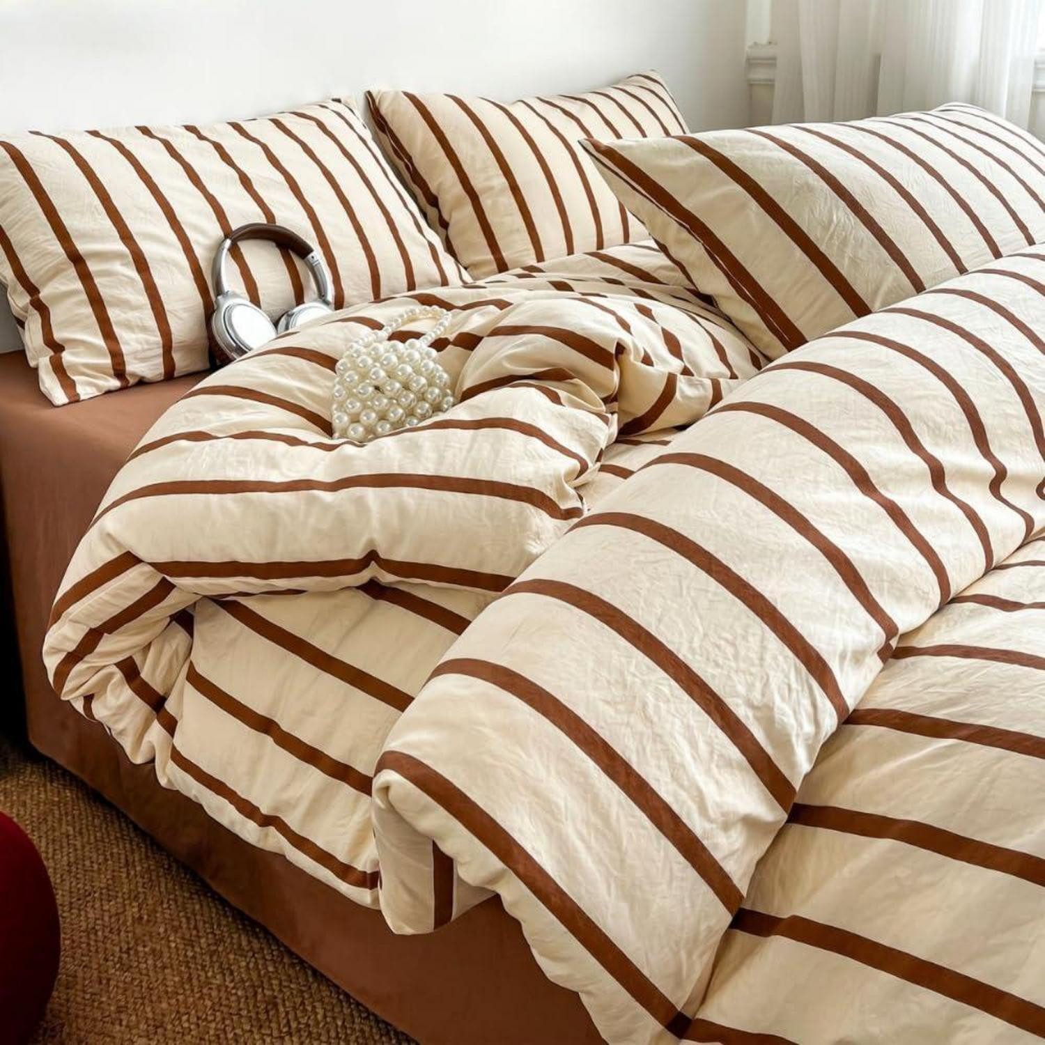 LuxusKollektion Bettwäsche Bettwäsche-Set 135x200 Beige Braun Gestreift Vintage